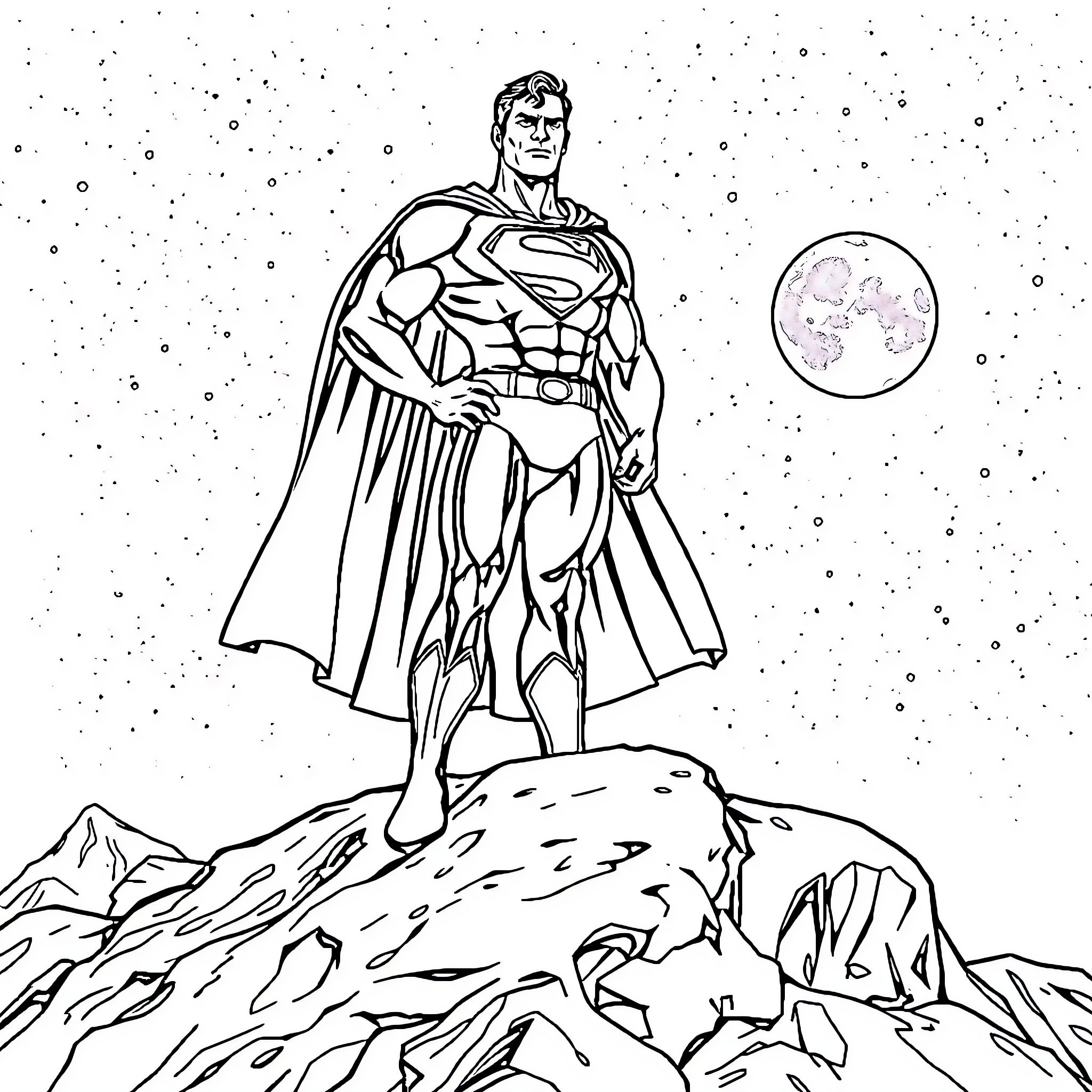 Superman standing tall on a rocky mountain Coloring Page (free black-and-white line drawing printable PDF for all, from beginners to advanced learners, including children, teens, adults, and seniors)