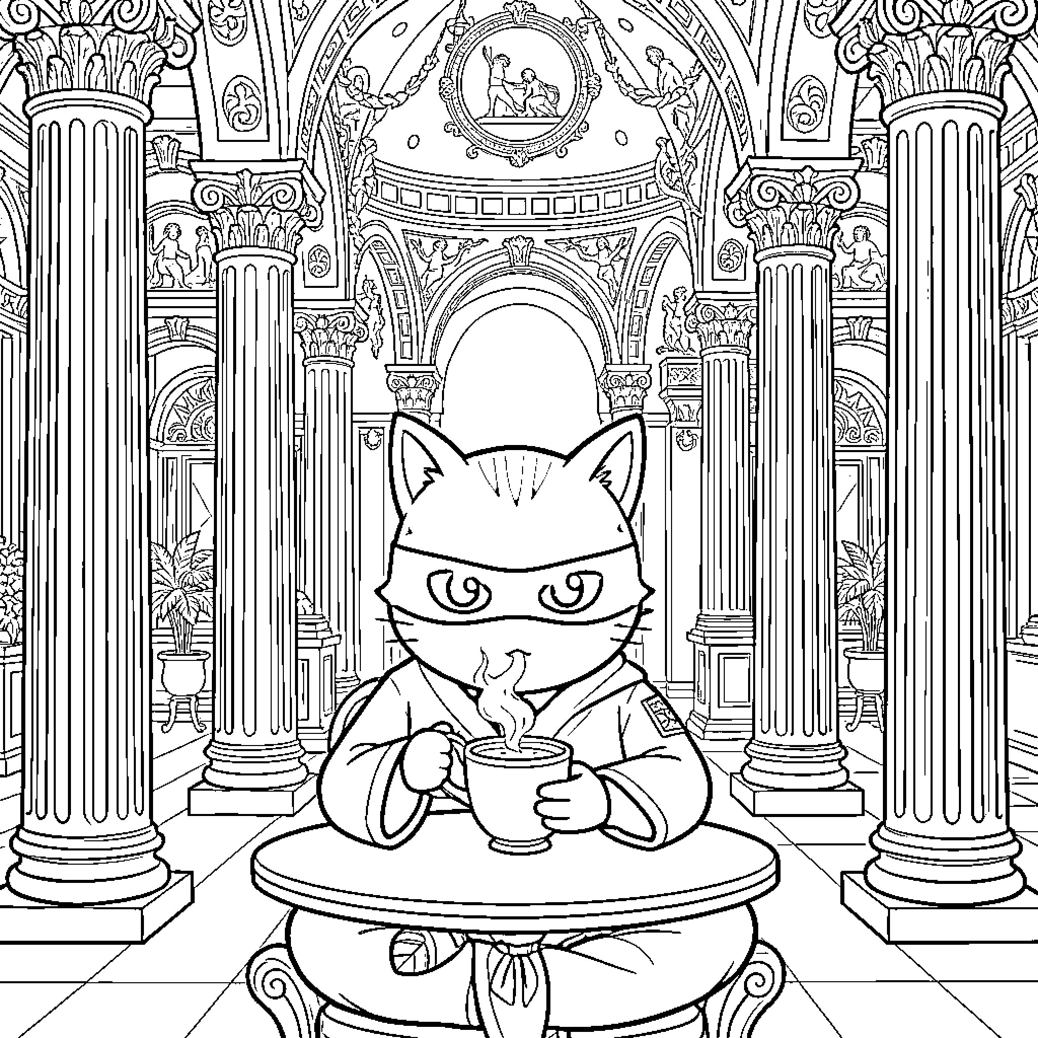 Ninja Cat Enjoying Tea in Ornate Palace Coloring Page (free black-and-white line drawing printable PDF for all, from beginners to advanced learners, including children, teens, adults, and seniors)