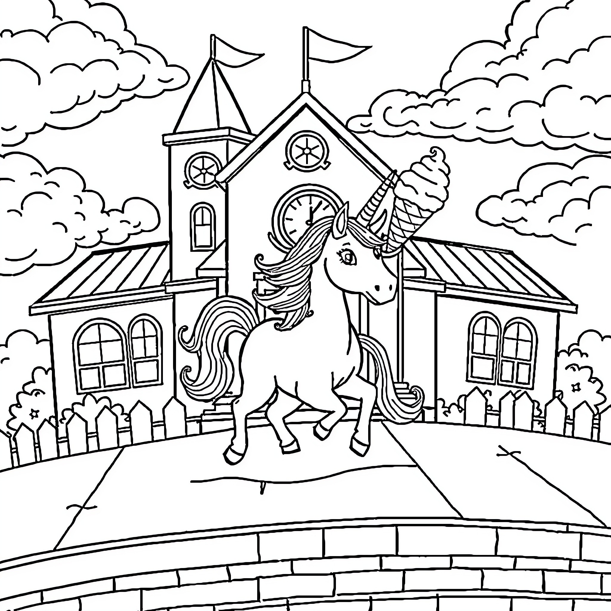 Unicorn exploring a whimsical school building Coloring Page (free black-and-white line drawing printable PDF for all, from beginners to advanced learners, including children, teens, adults, and seniors)