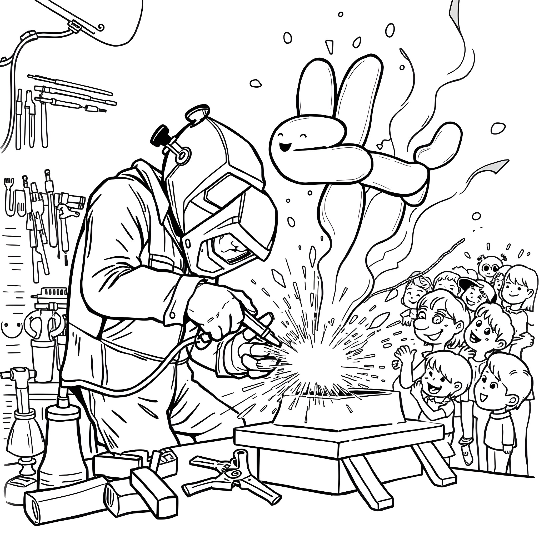 Welder hard at work with sparks and curious onlookers Coloring Page (free black-and-white line drawing printable PDF for all, from beginners to advanced learners, including children, teens, adults, and seniors)
