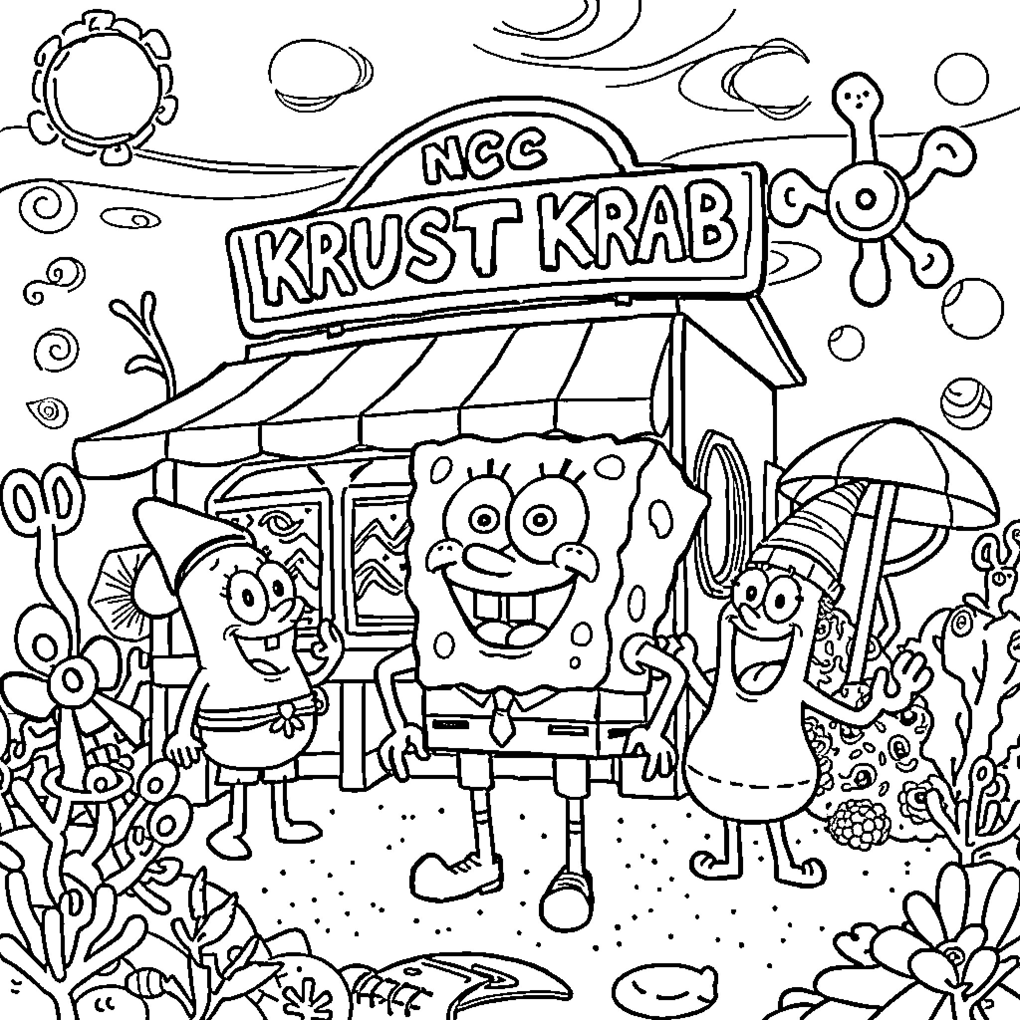 Spongebob and friends at the Krusty Krab Coloring Page (free black-and-white line drawing printable PDF for all, from beginners to advanced learners, including children, teens, adults, and seniors)
