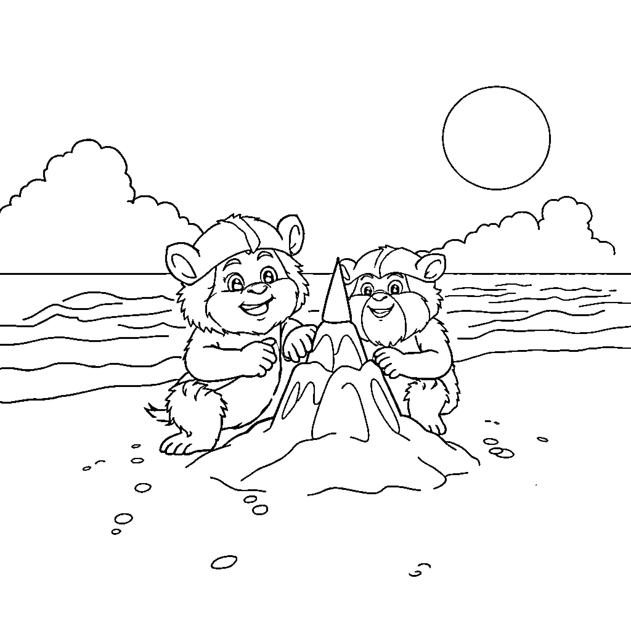 Ewok friends building sandcastle at the beach Coloring Page (free black-and-white line drawing printable PDF for all, from beginners to advanced learners, including children, teens, adults, and seniors)
