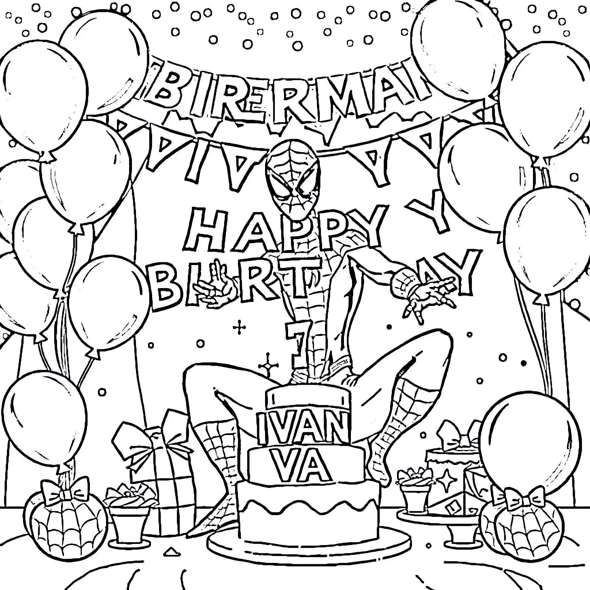 Spiderman celebrating a happy birthday party with balloons Coloring Page (free black-and-white line drawing printable PDF for all, from beginners to advanced learners, including children, teens, adults, and seniors)