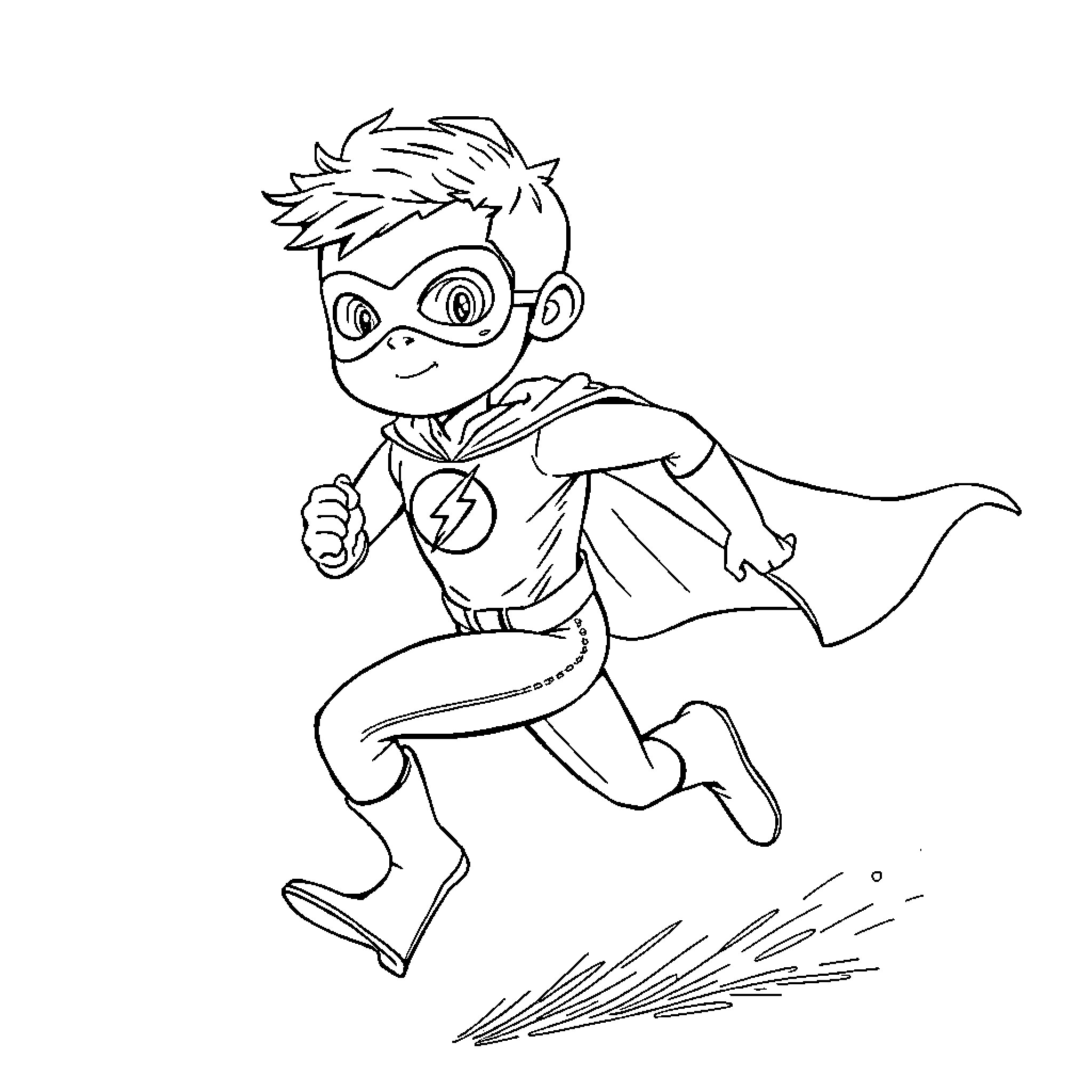 Flash running with heroic pose Coloring Page (free black-and-white line drawing printable PDF for all, from beginners to advanced learners, including children, teens, adults, and seniors)