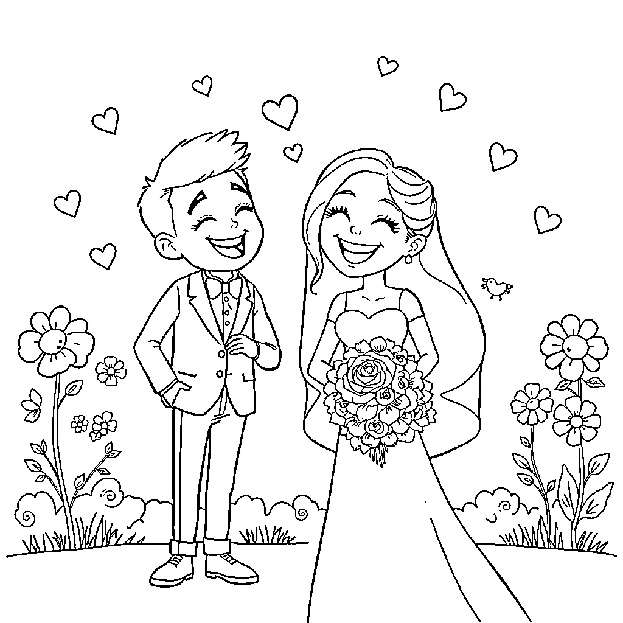 Marriage Ceremony of a Joyful Couple Coloring Page (free black-and-white line drawing printable PDF for all, from beginners to advanced learners, including children, teens, adults, and seniors)