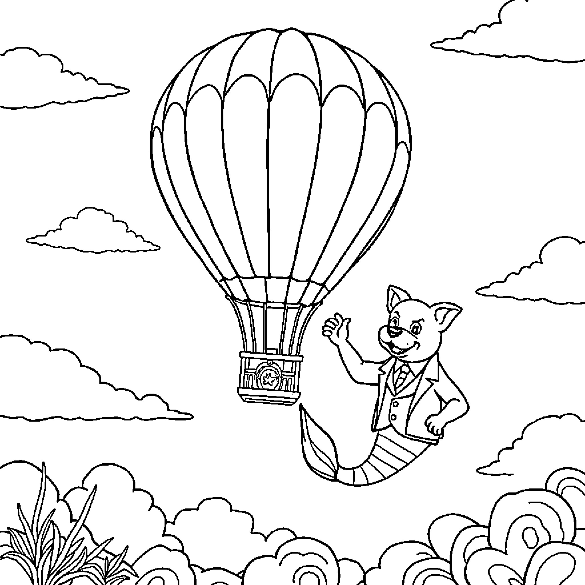 Mermaid enjoying a hot air balloon ride in the sky Coloring Page (free black-and-white line drawing printable PDF for all, from beginners to advanced learners, including children, teens, adults, and seniors)