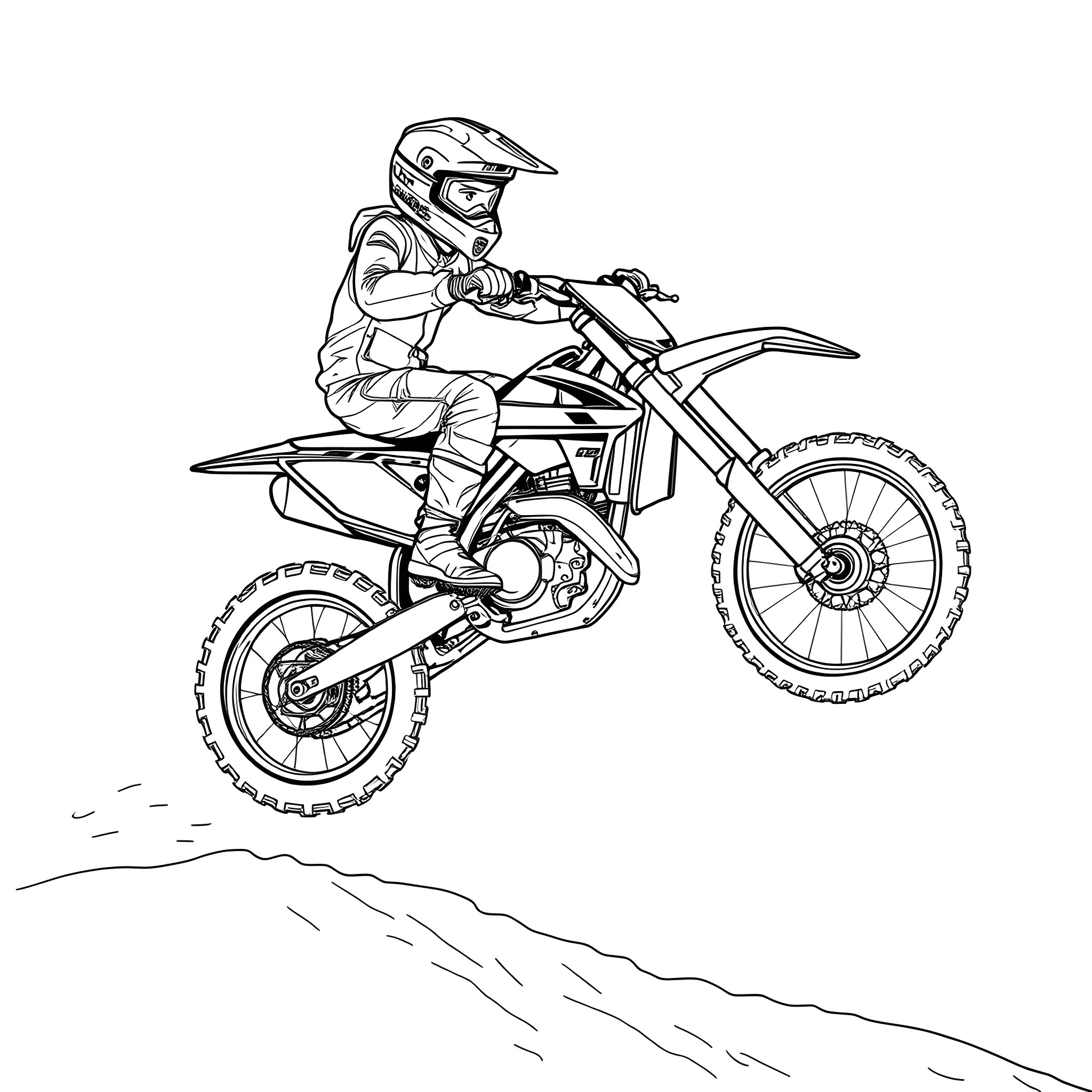 Boy riding dirt bike on rugged terrain Coloring Page (free black-and-white line drawing printable PDF for all, from beginners to advanced learners, including children, teens, adults, and seniors)