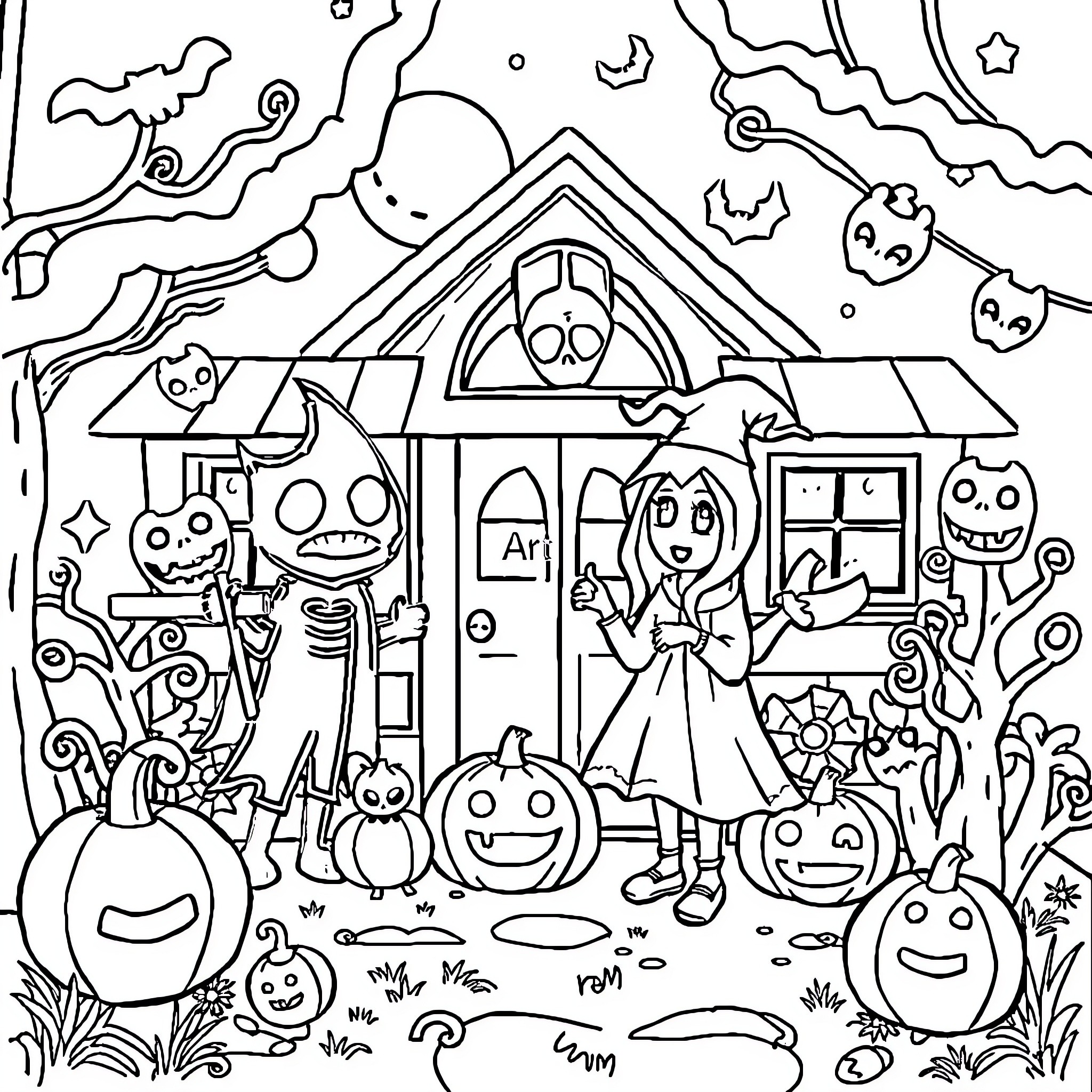 Halloween Trick-or-Treating at the Spooky House Coloring Page (free black-and-white line drawing printable PDF for all, from beginners to advanced learners, including children, teens, adults, and seniors)
