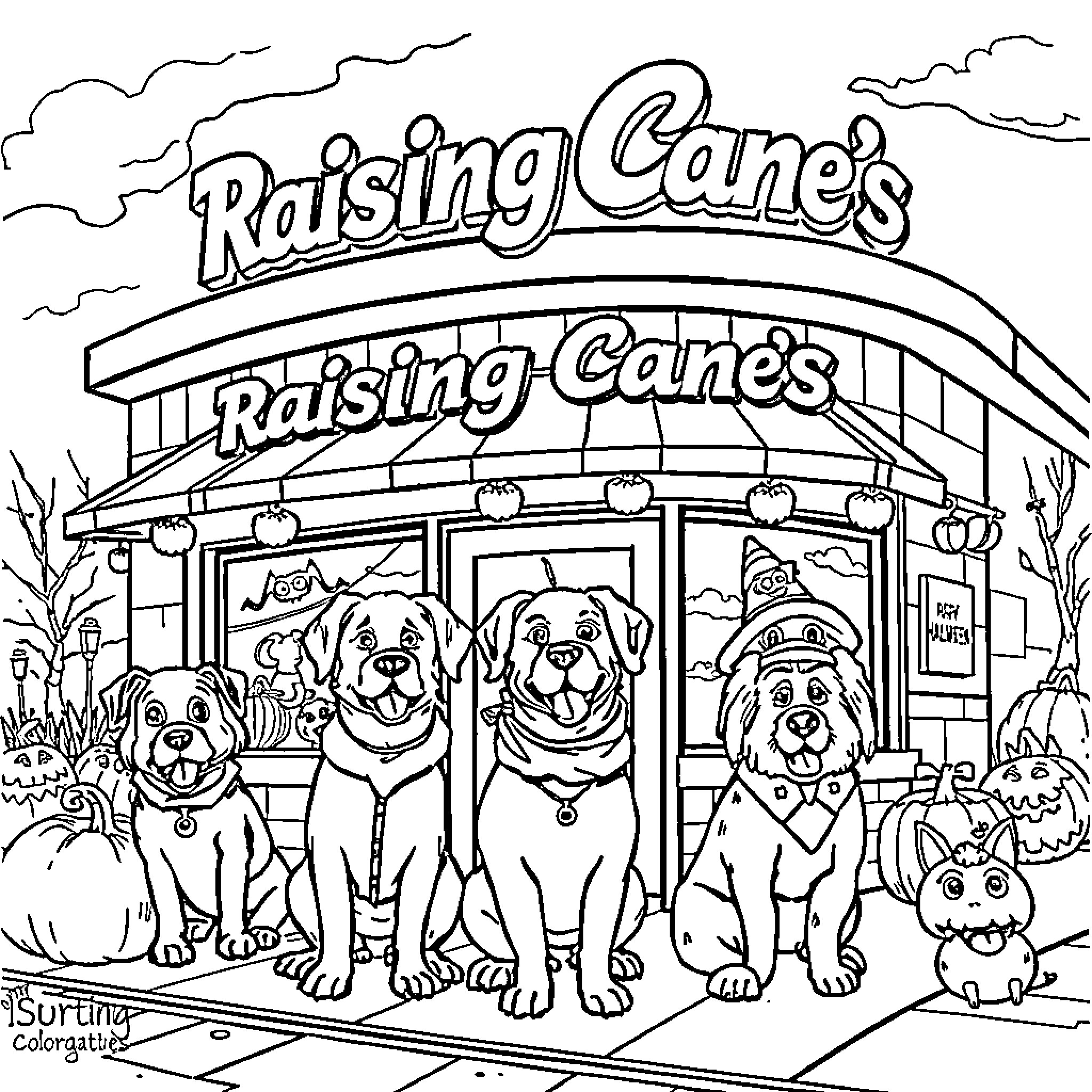 Dogs posing outside Raising Canes restaurant Coloring Page (free black-and-white line drawing printable PDF for all, from beginners to advanced learners, including children, teens, adults, and seniors)