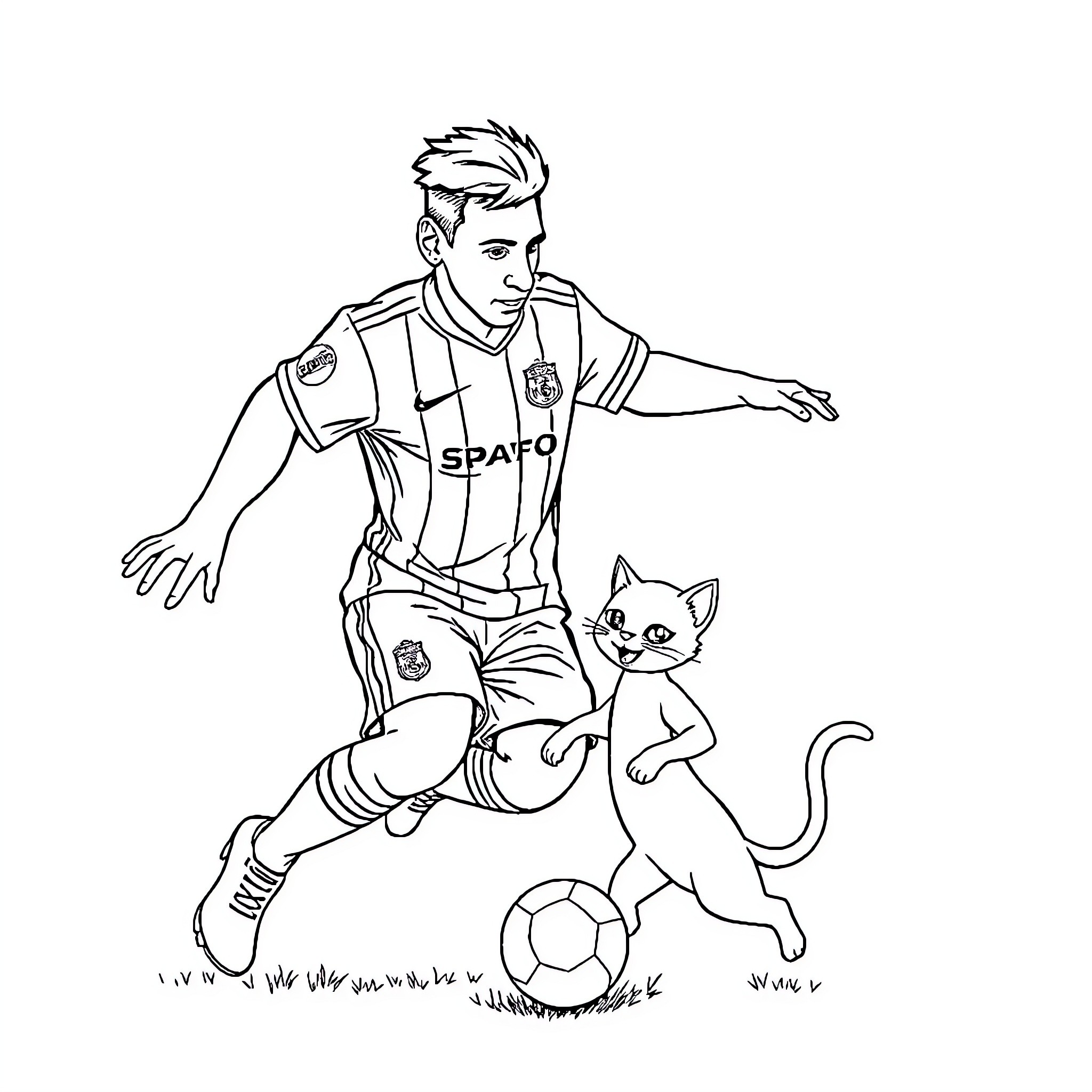 Elephant soccer player with kitten companion Coloring Page (free black-and-white line drawing printable PDF for all, from beginners to advanced learners, including children, teens, adults, and seniors)