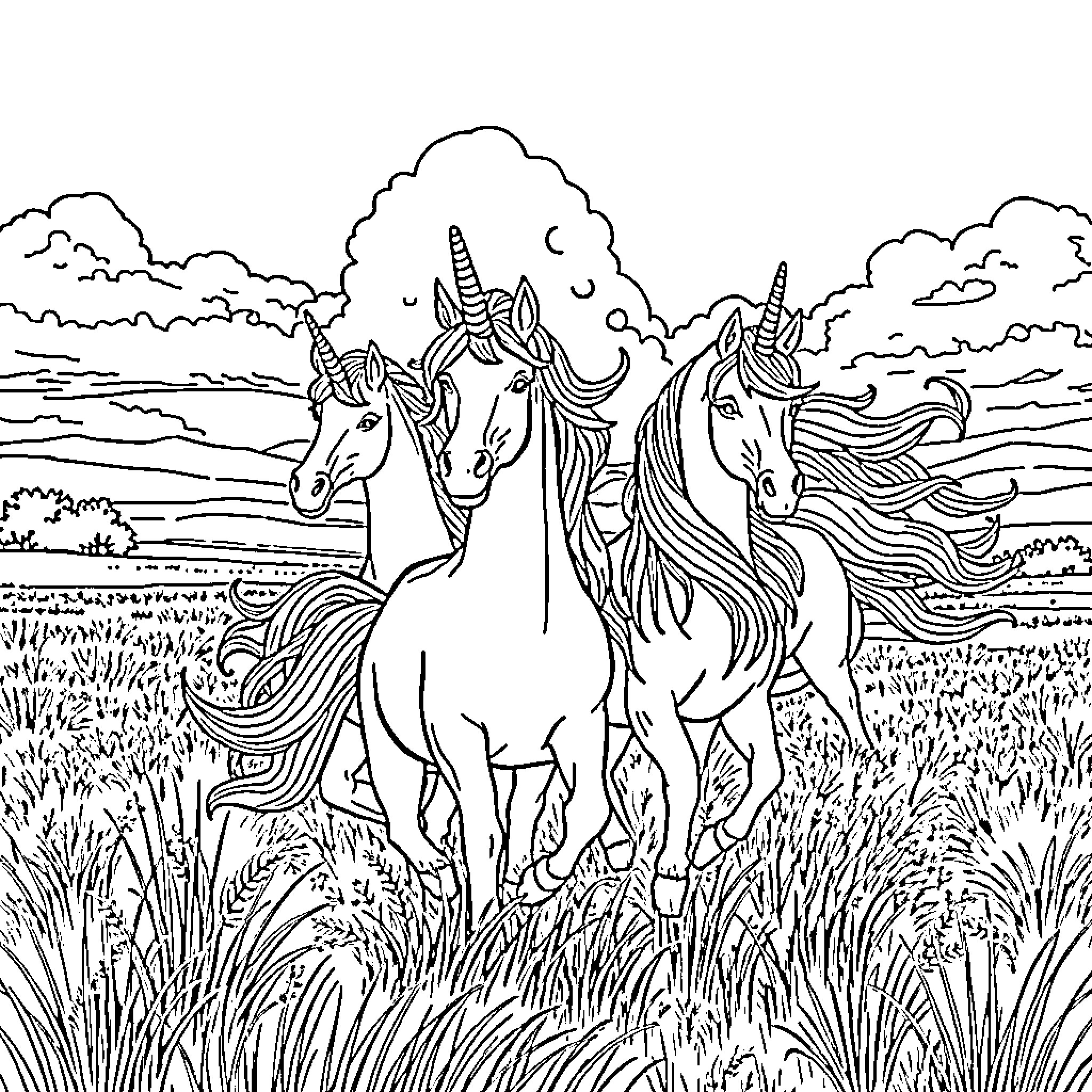 Unicorn Trio Galloping through Enchanted Meadow Coloring Page (free black-and-white line drawing printable PDF for all, from beginners to advanced learners, including children, teens, adults, and seniors)