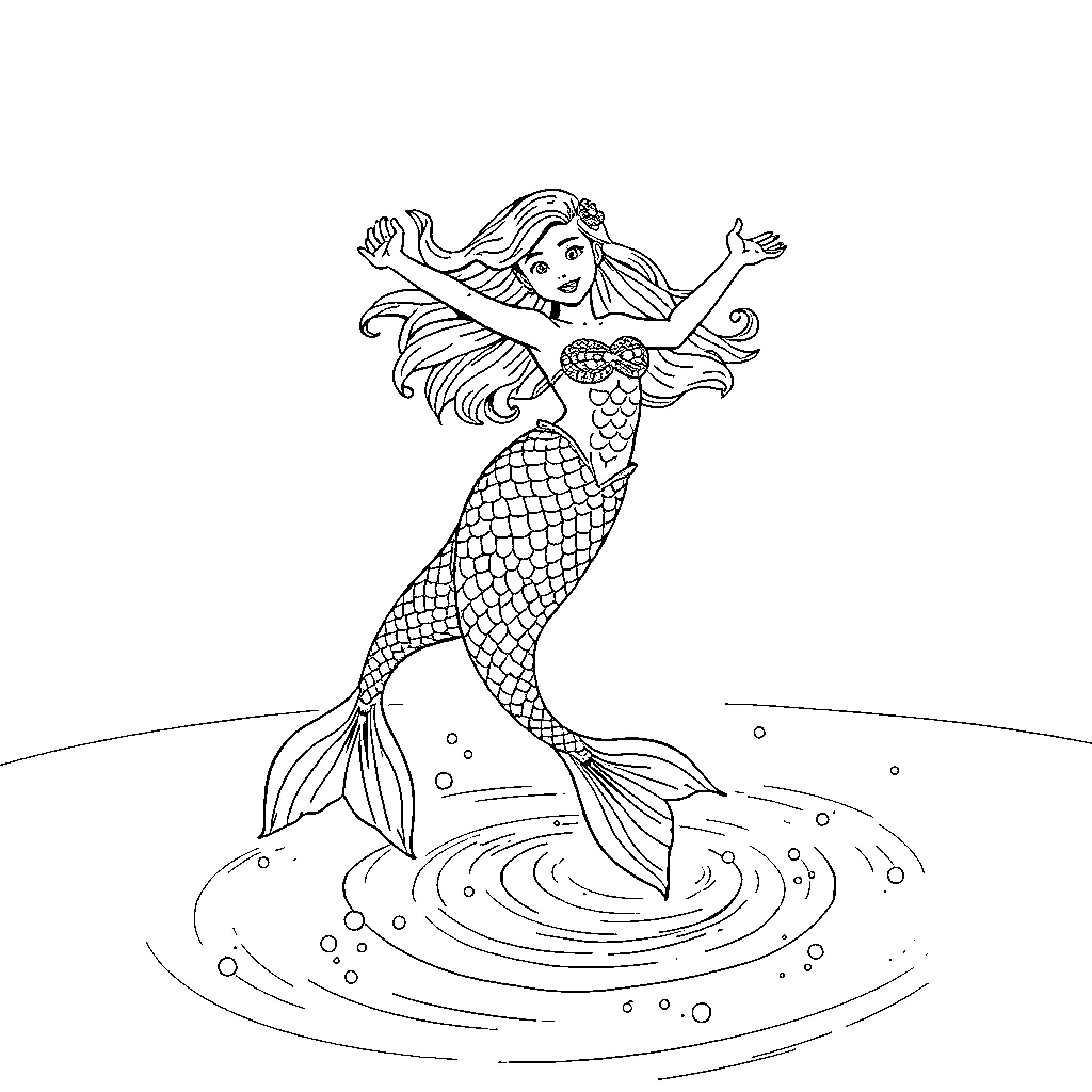 Mermaid dancing gracefully in the sea Coloring Page (free black-and-white line drawing printable PDF for all, from beginners to advanced learners, including children, teens, adults, and seniors)