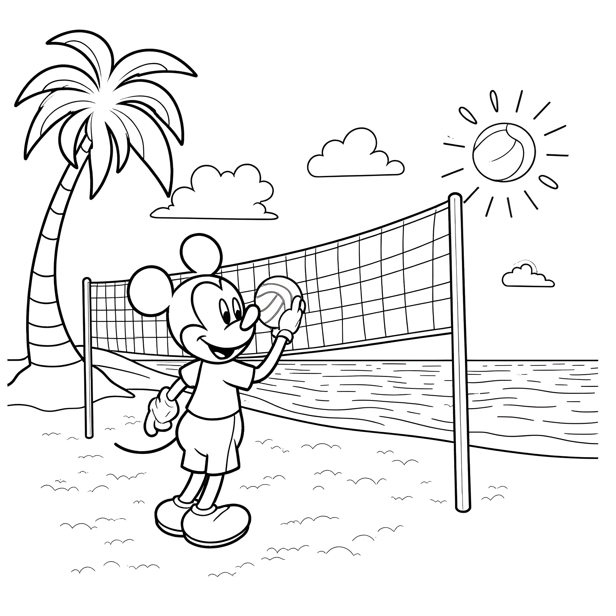 Mickey Mouse playing beach volleyball on a sunny day Coloring Page (free black-and-white line drawing printable PDF for all, from beginners to advanced learners, including children, teens, adults, and seniors)