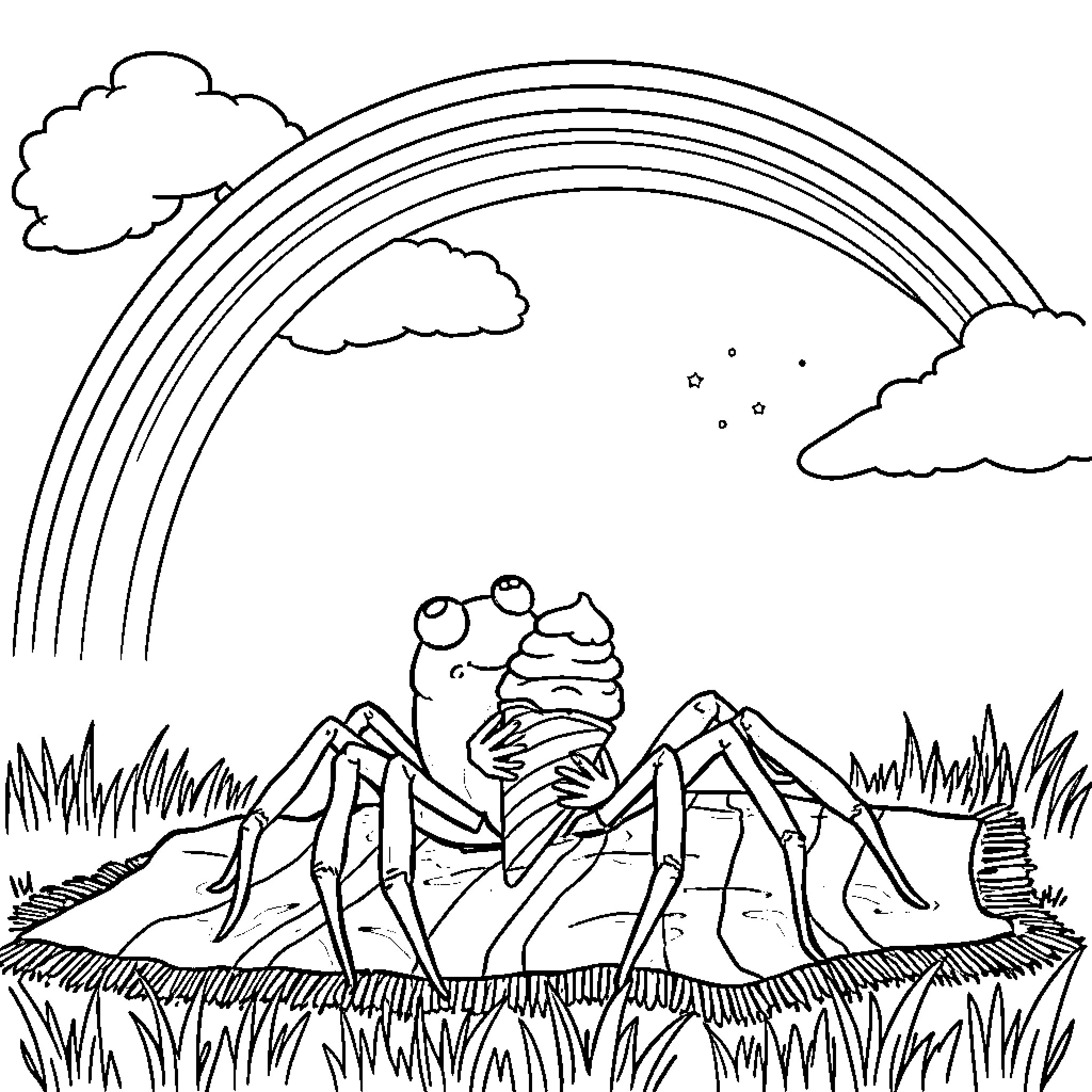 Spider exploring the nature under a rainbow Coloring Page (free black-and-white line drawing printable PDF for all, from beginners to advanced learners, including children, teens, adults, and seniors)