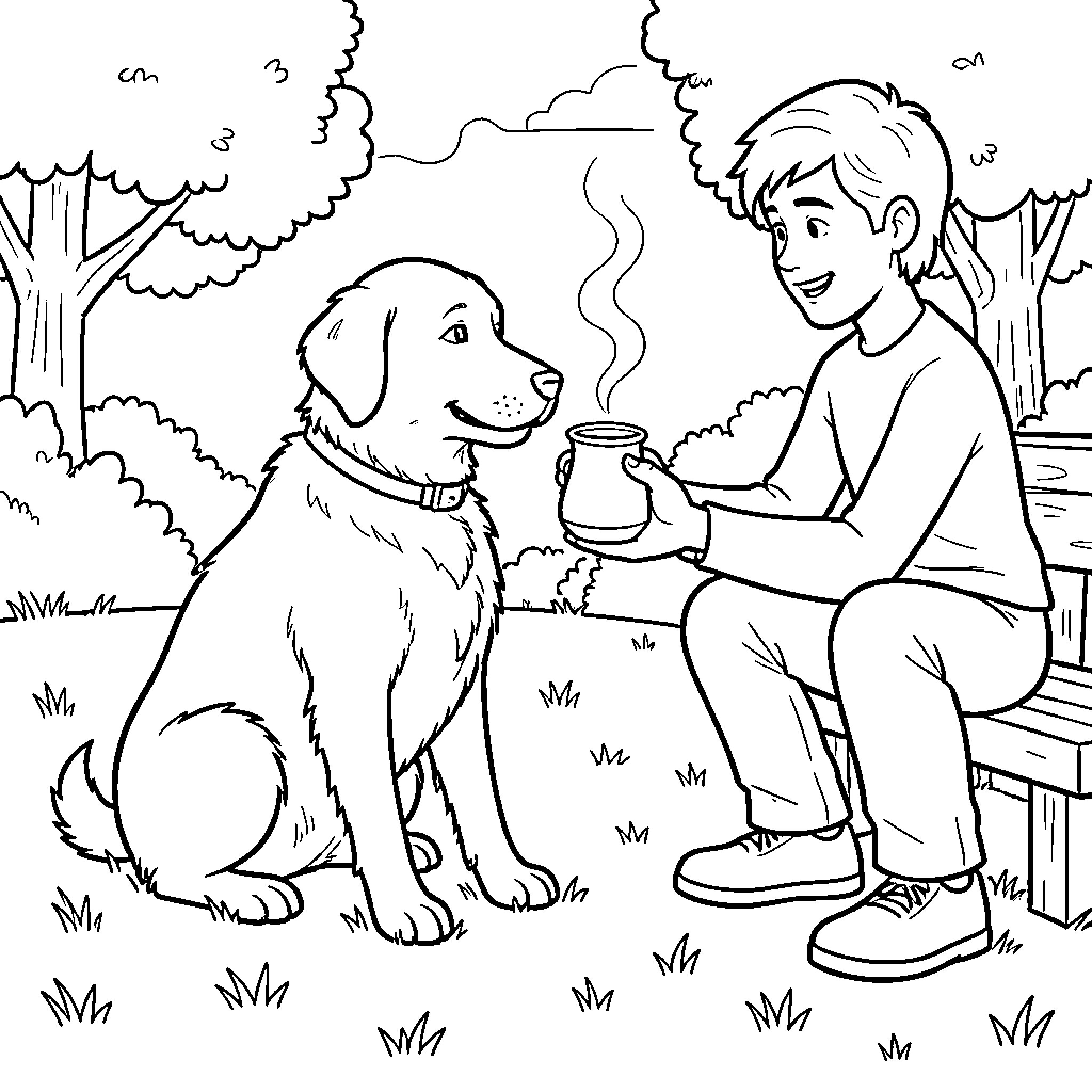 Perro y niño en el parque disfrutando de un momento juntos Coloring Page (free black-and-white line drawing printable PDF for all, from beginners to advanced learners, including children, teens, adults, and seniors)
