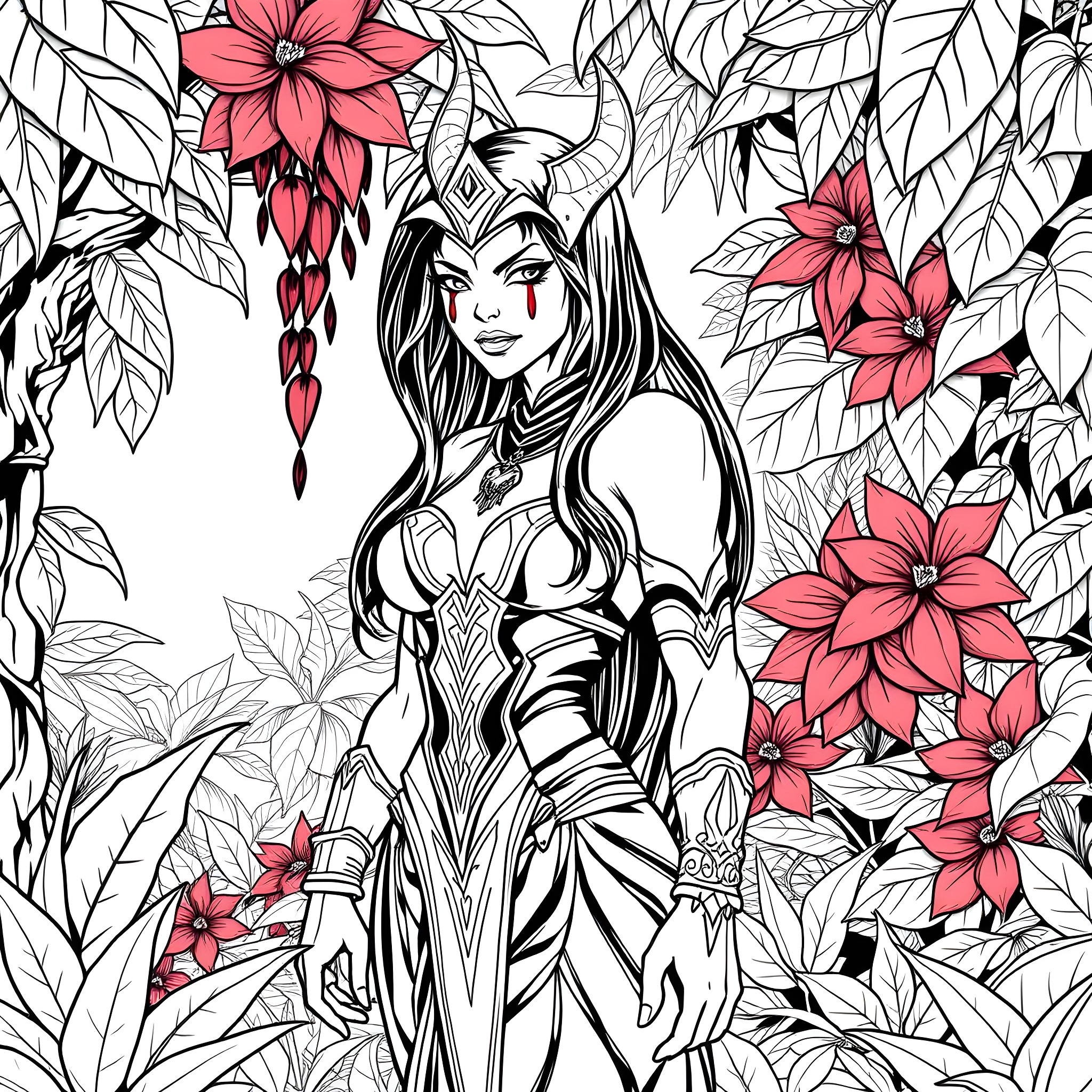 Sindel in a magical floral realm Coloring Page (free black-and-white line drawing printable PDF for all, from beginners to advanced learners, including children, teens, adults, and seniors)