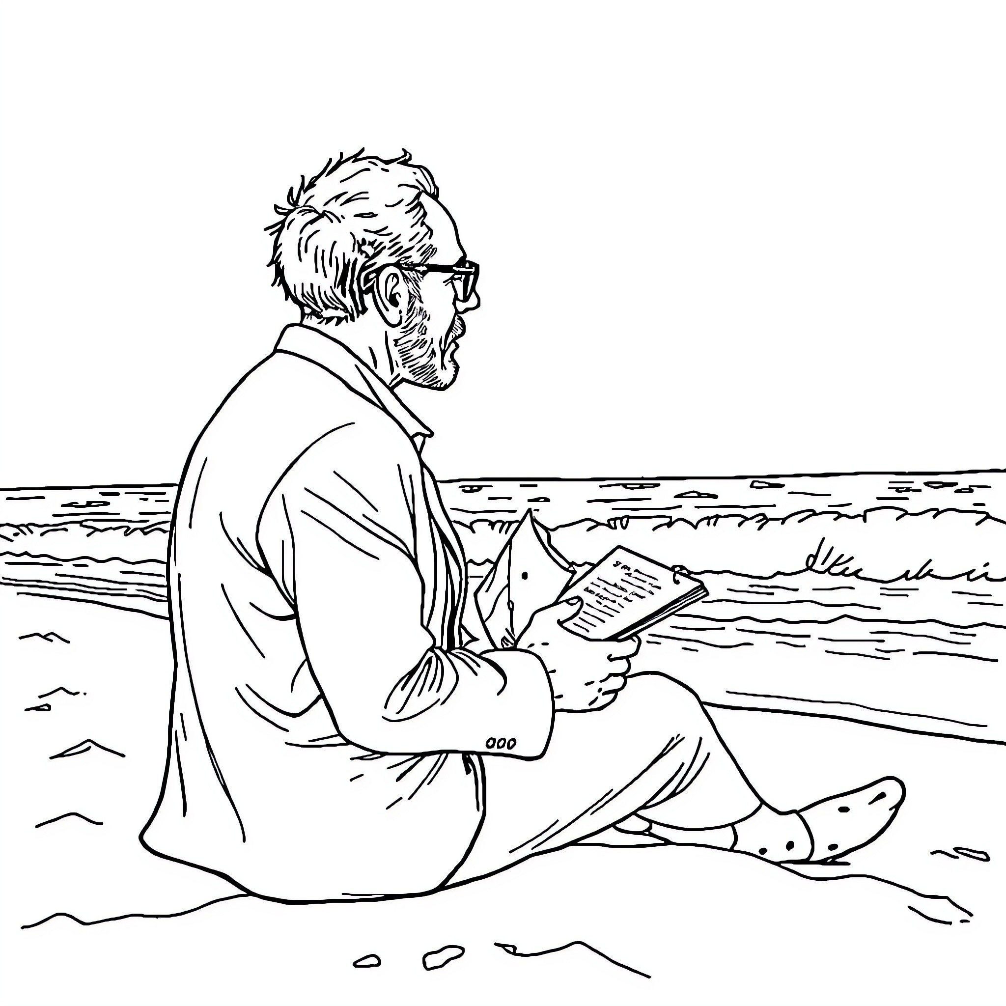 Michel Foucault reading intently by the shoreline Coloring Page (free black-and-white line drawing printable PDF for all, from beginners to advanced learners, including children, teens, adults, and seniors)