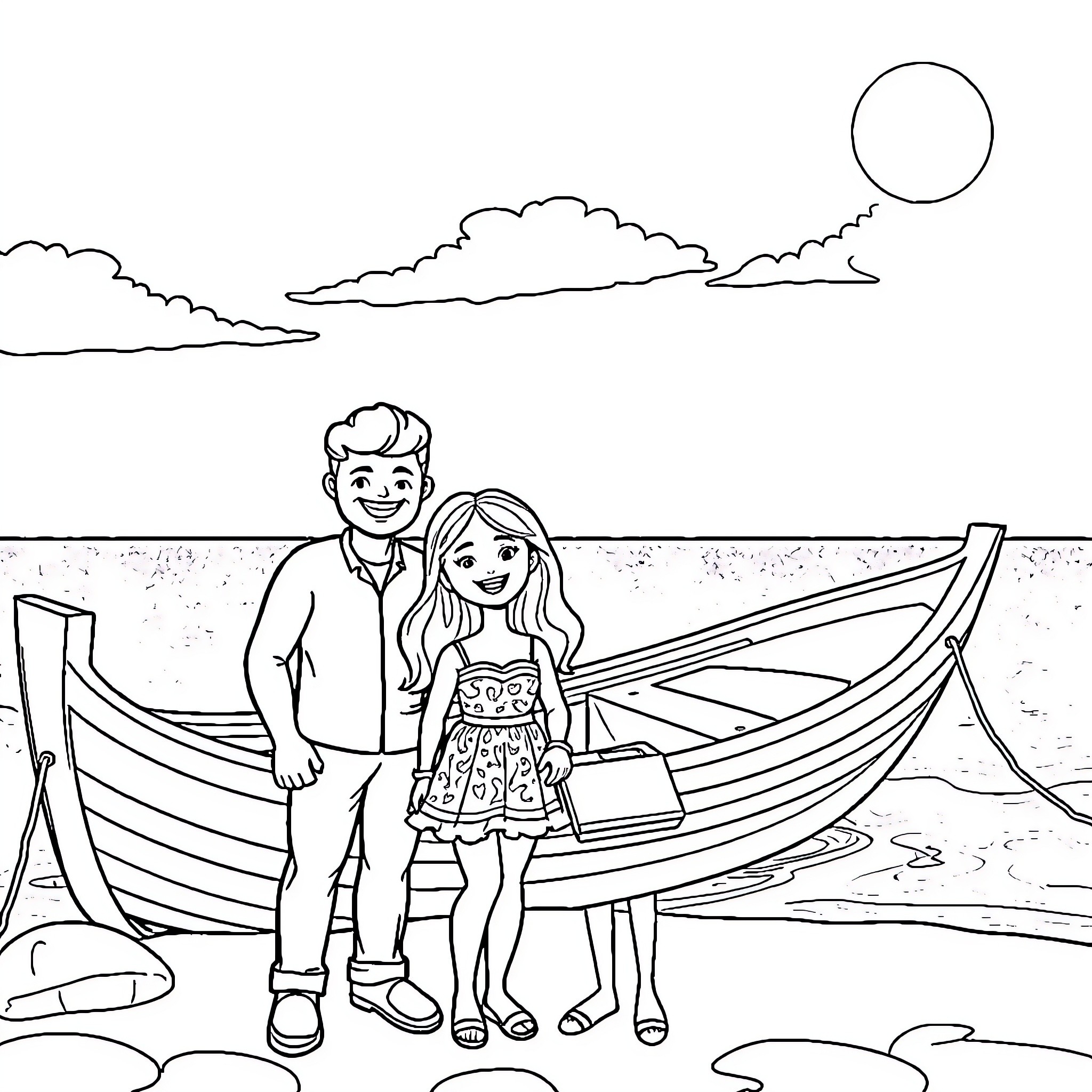 Loufi's Seaside Adventure with Friends Coloring Page (free black-and-white line drawing printable PDF for all, from beginners to advanced learners, including children, teens, adults, and seniors)