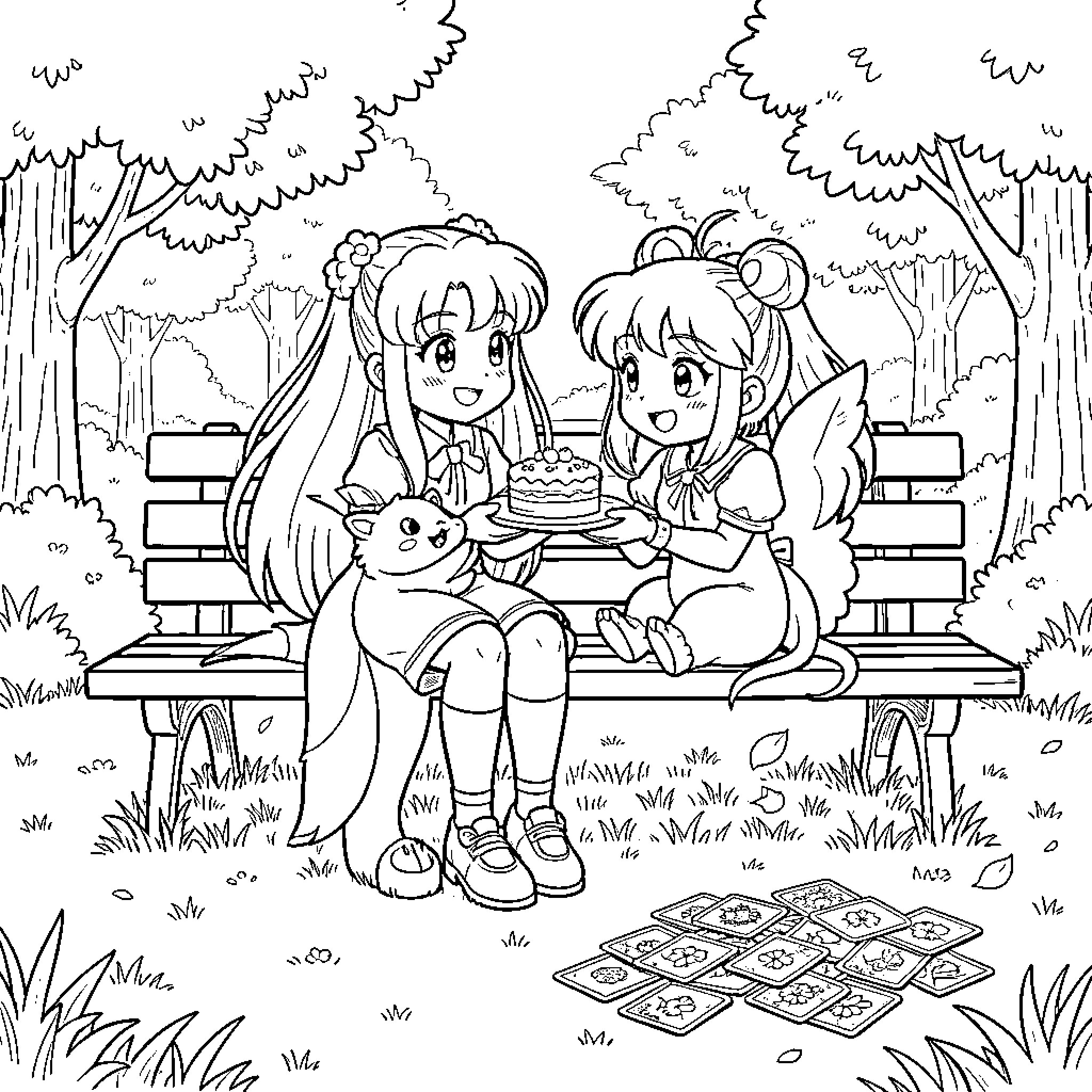 Cardcaptor Sakura Girls Enjoying a Picnic in the Park Coloring Page (free black-and-white line drawing printable PDF for all, from beginners to advanced learners, including children, teens, adults, and seniors)