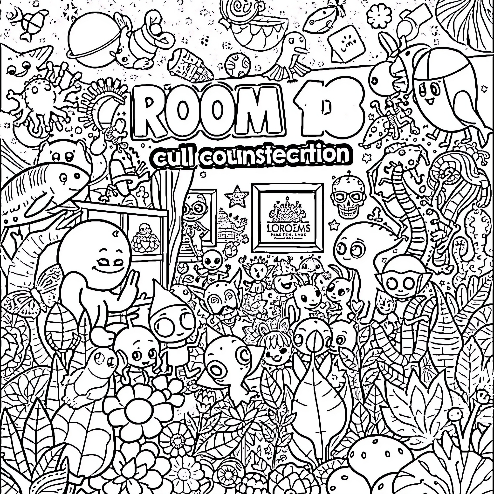Room 13: Whimsical Creatures and Bizarre Imagery Coloring Page (free black-and-white line drawing printable PDF for all, from beginners to advanced learners, including children, teens, adults, and seniors)