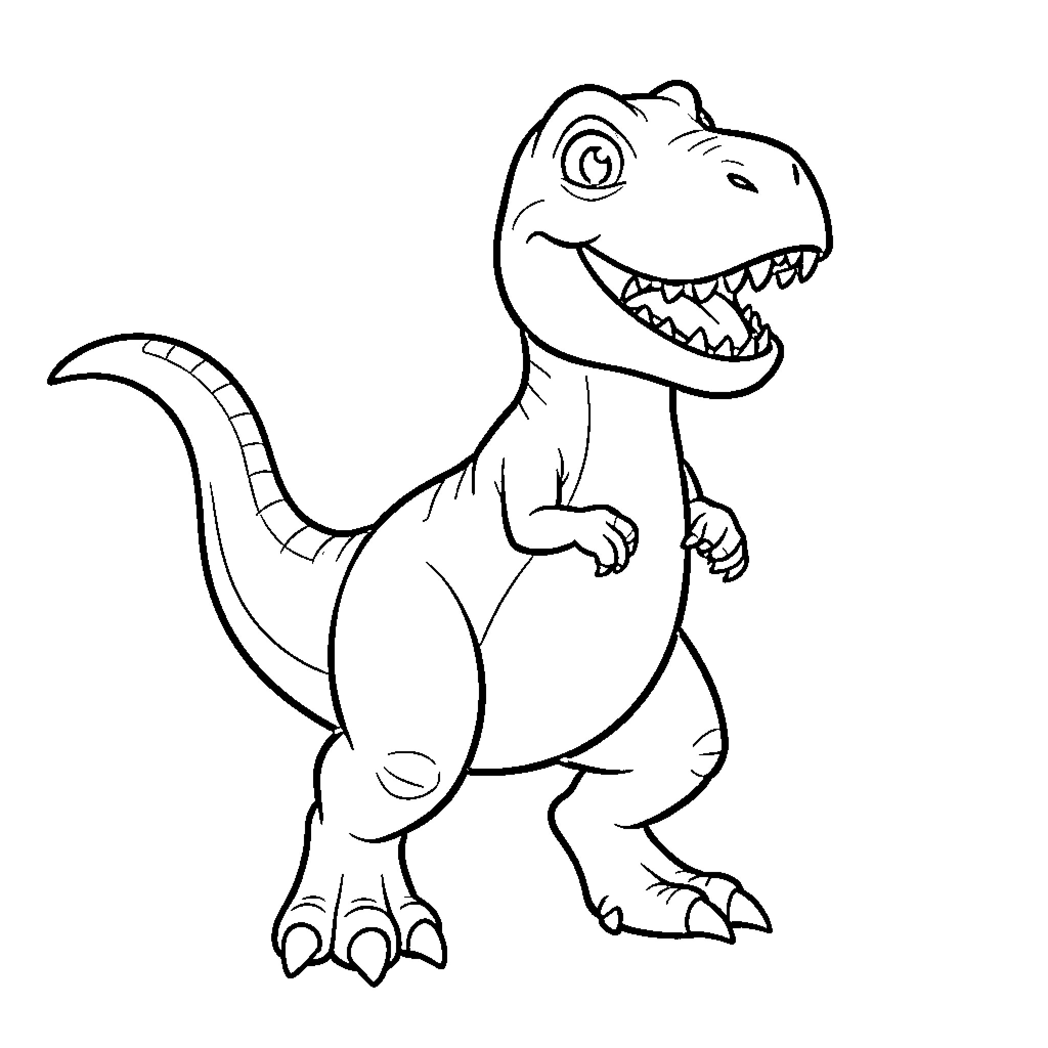 T-Rex standing with a happy smiling expression Coloring Page (free black-and-white line drawing printable PDF for all, from beginners to advanced learners, including children, teens, adults, and seniors)