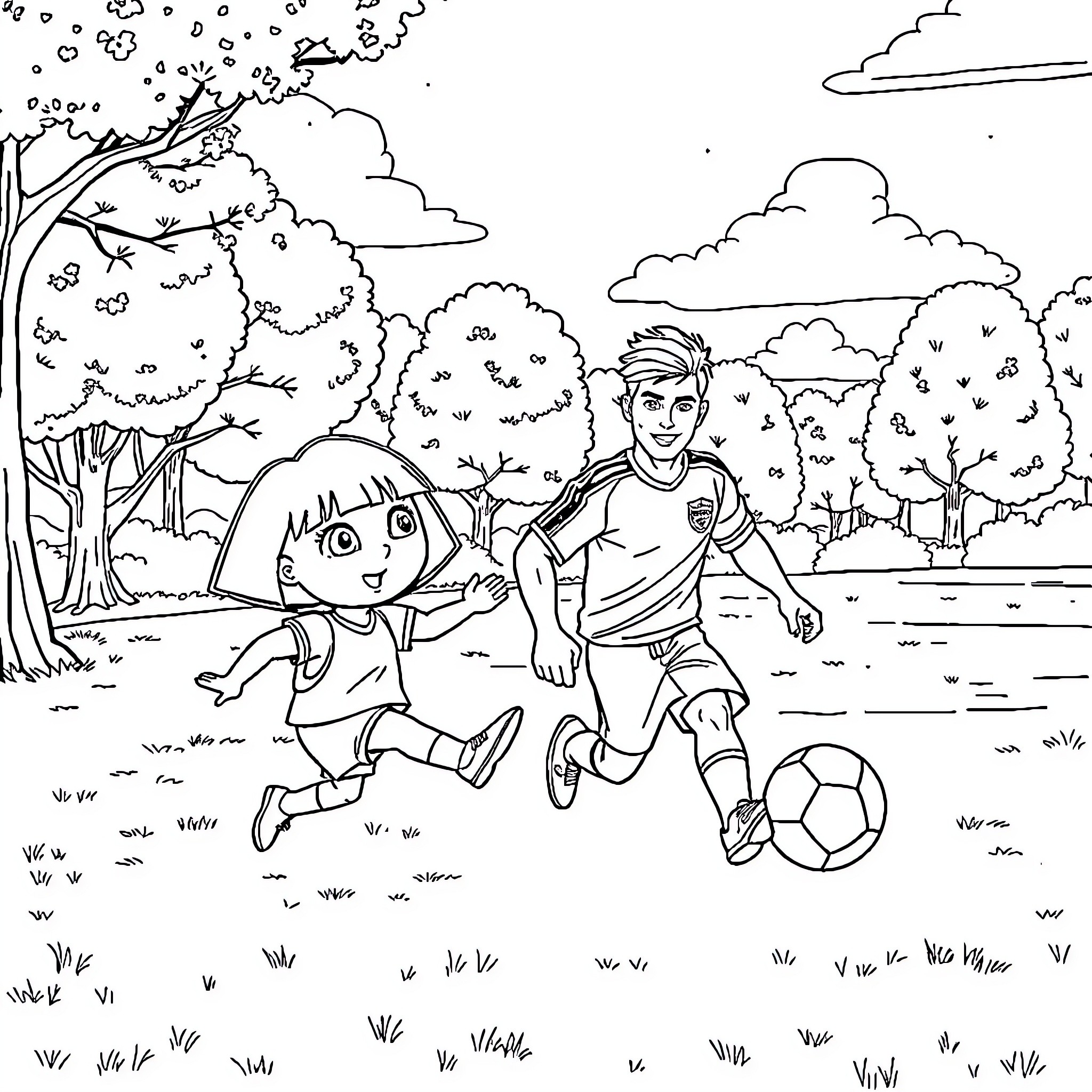 Dora and Diego playing soccer in the park Coloring Page (free black-and-white line drawing printable PDF for all, from beginners to advanced learners, including children, teens, adults, and seniors)