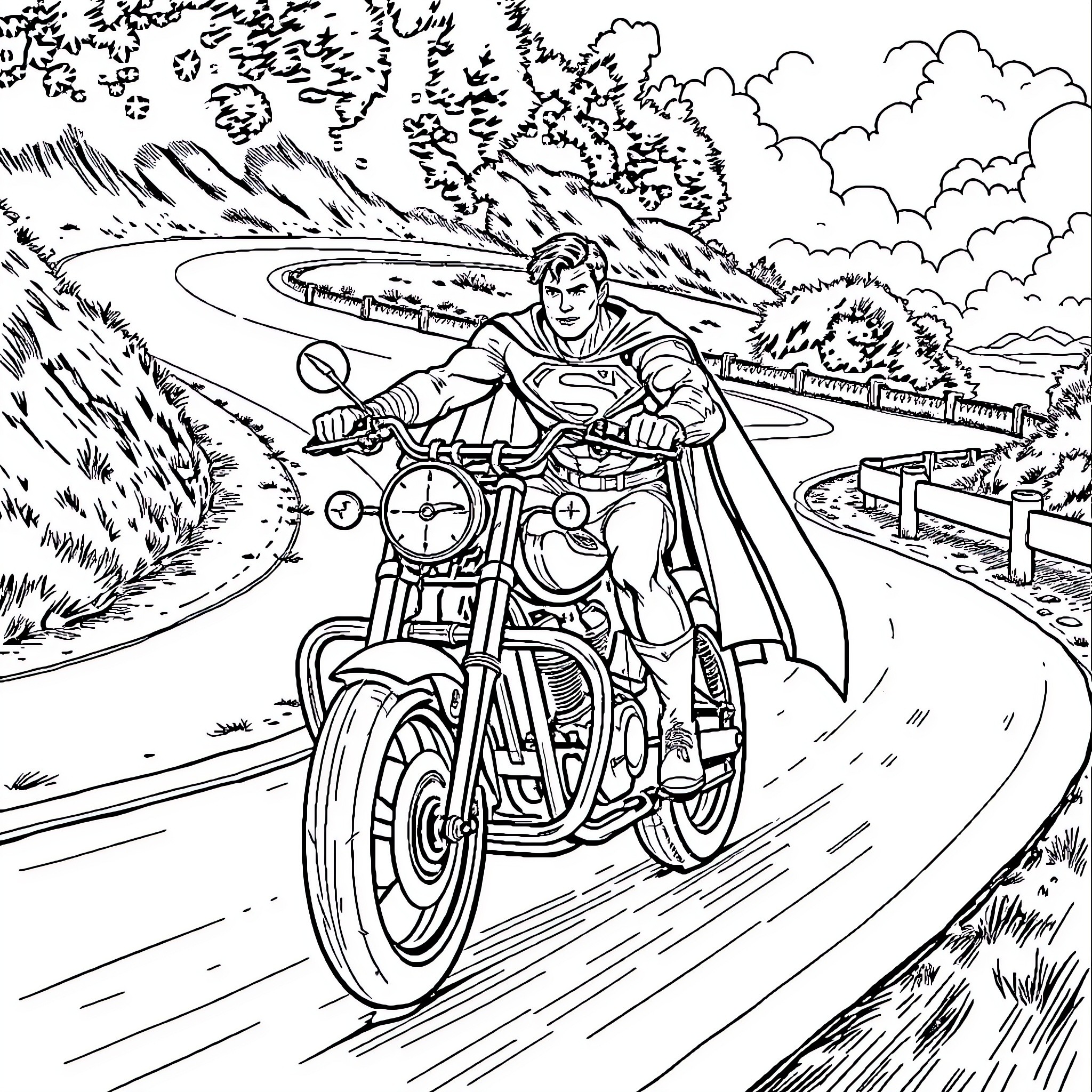 Superman riding a motorcycle through the countryside Coloring Page (free black-and-white line drawing printable PDF for all, from beginners to advanced learners, including children, teens, adults, and seniors)