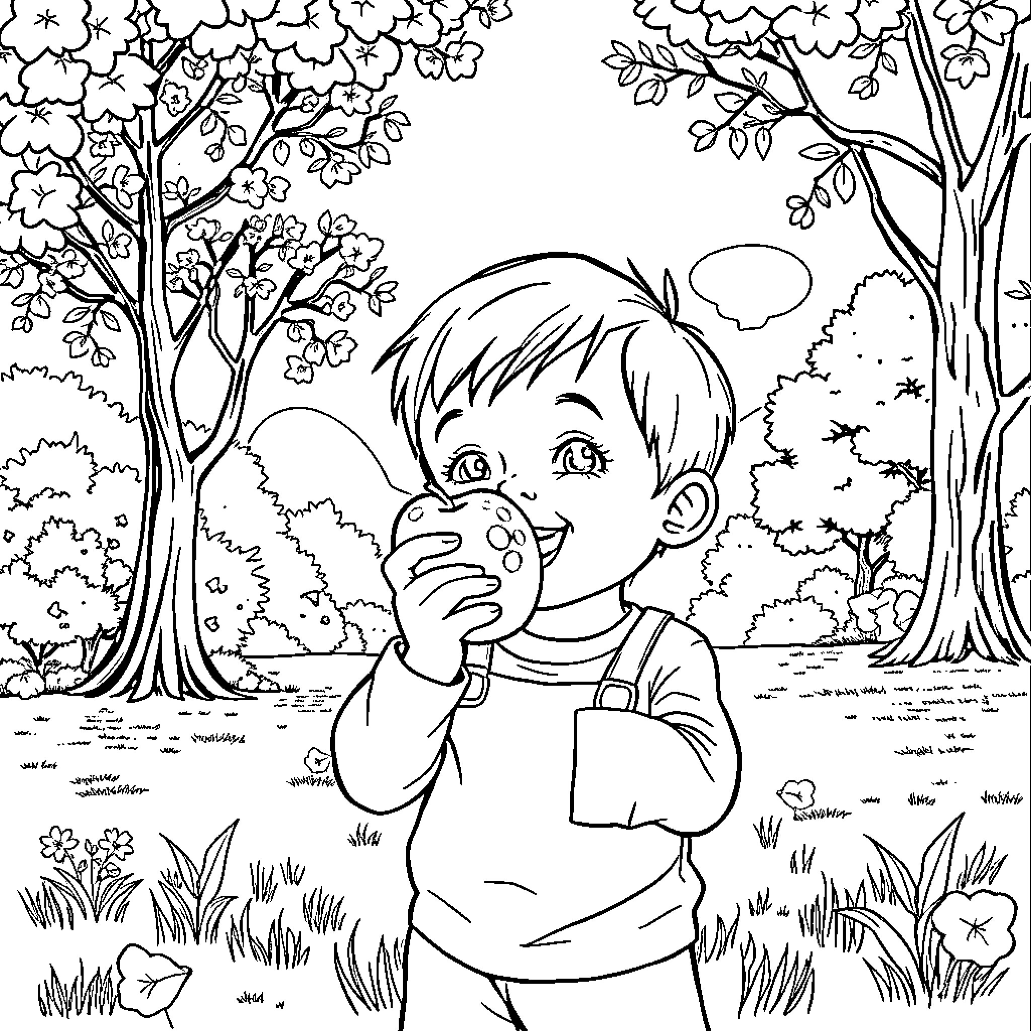 Child blowing bubbles in a forest Coloring Page (free black-and-white line drawing printable PDF for all, from beginners to advanced learners, including children, teens, adults, and seniors)