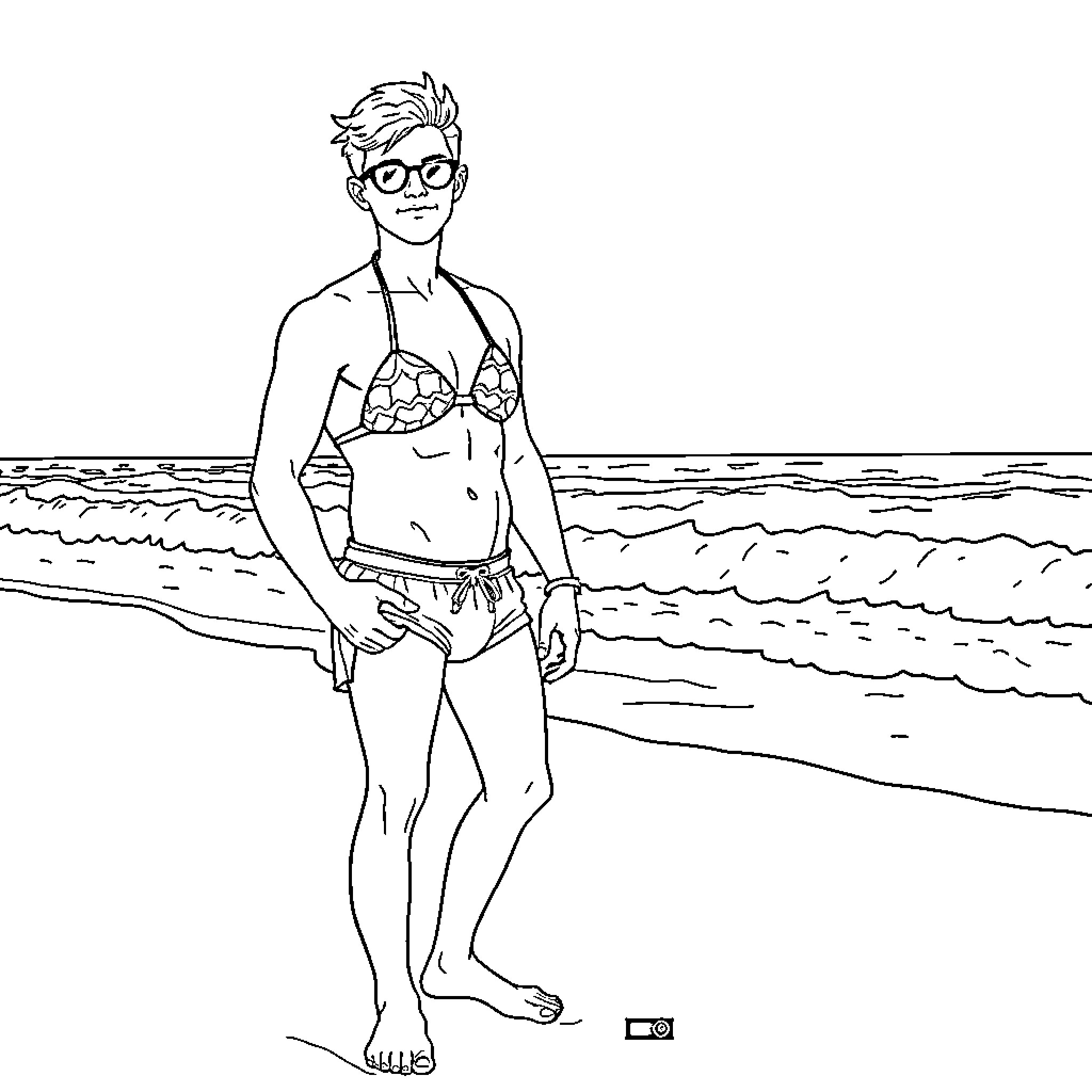 Brennan Lee Mulligan standing in swimsuit on the beach Coloring Page (free black-and-white line drawing printable PDF for all, from beginners to advanced learners, including children, teens, adults, and seniors)