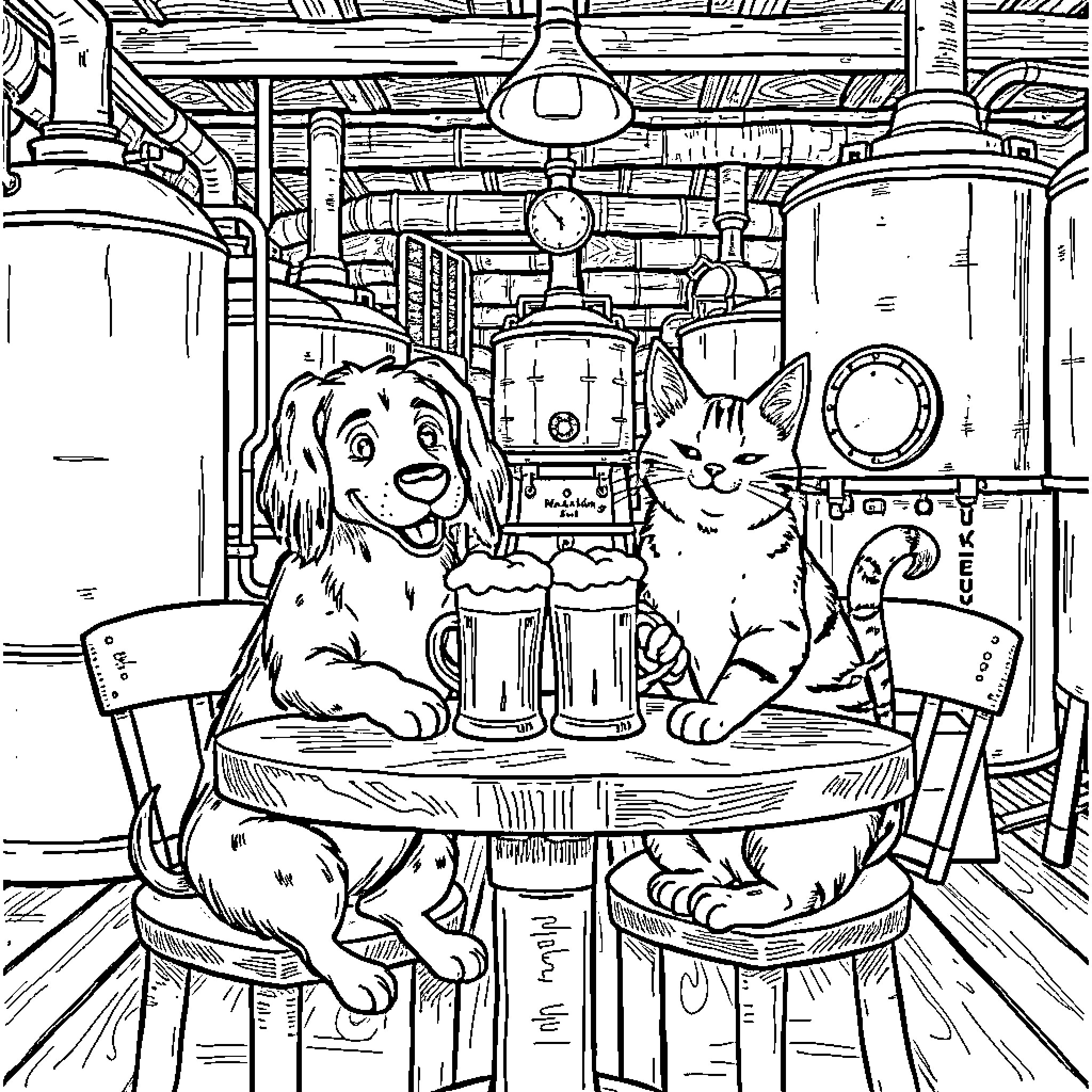 Dog and Cat Hanging Out in Cozy Brewery Coloring Page (free black-and-white line drawing printable PDF for all, from beginners to advanced learners, including children, teens, adults, and seniors)