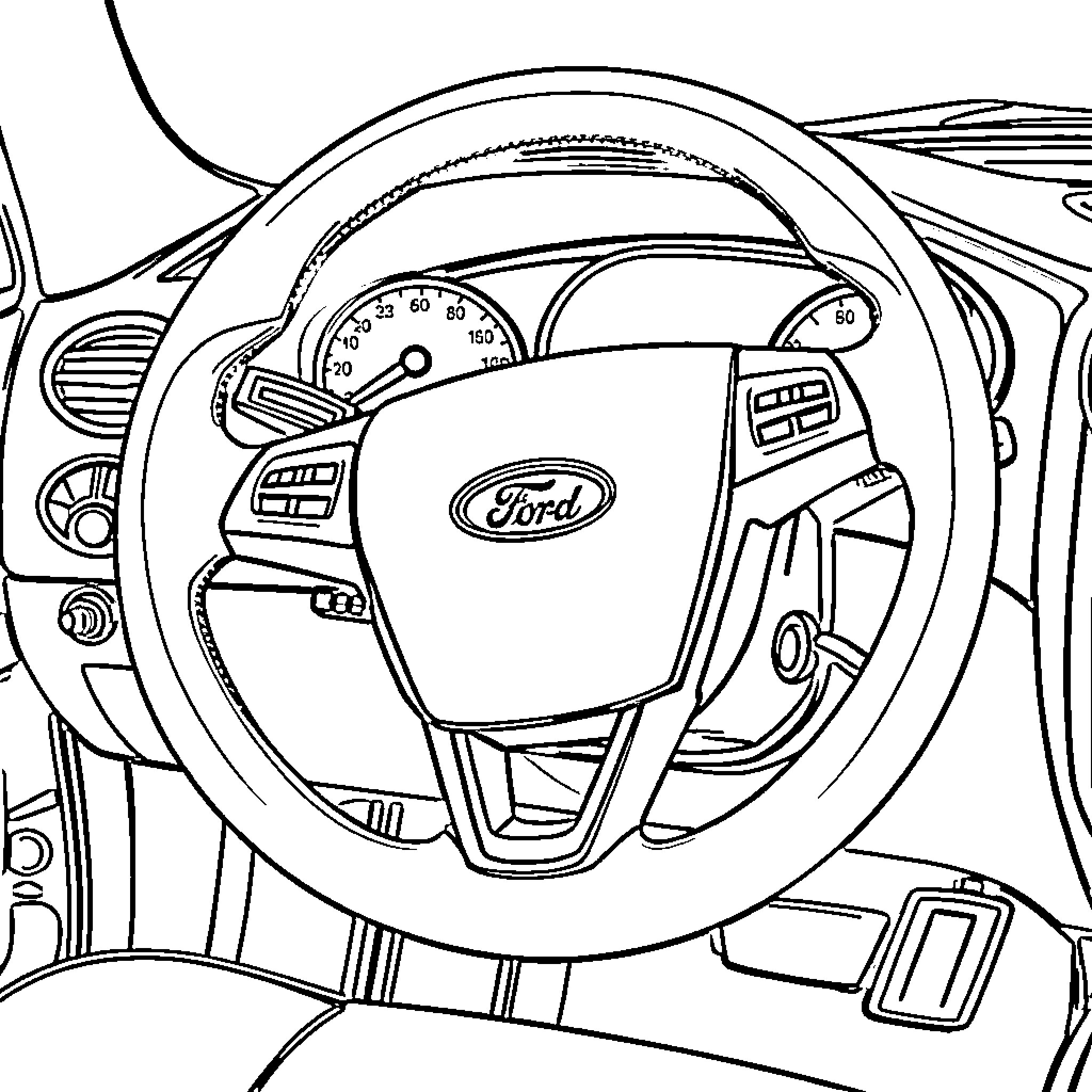 Ford dashboard and steering wheel close-up Coloring Page (free black-and-white line drawing printable PDF for all, from beginners to advanced learners, including children, teens, adults, and seniors)