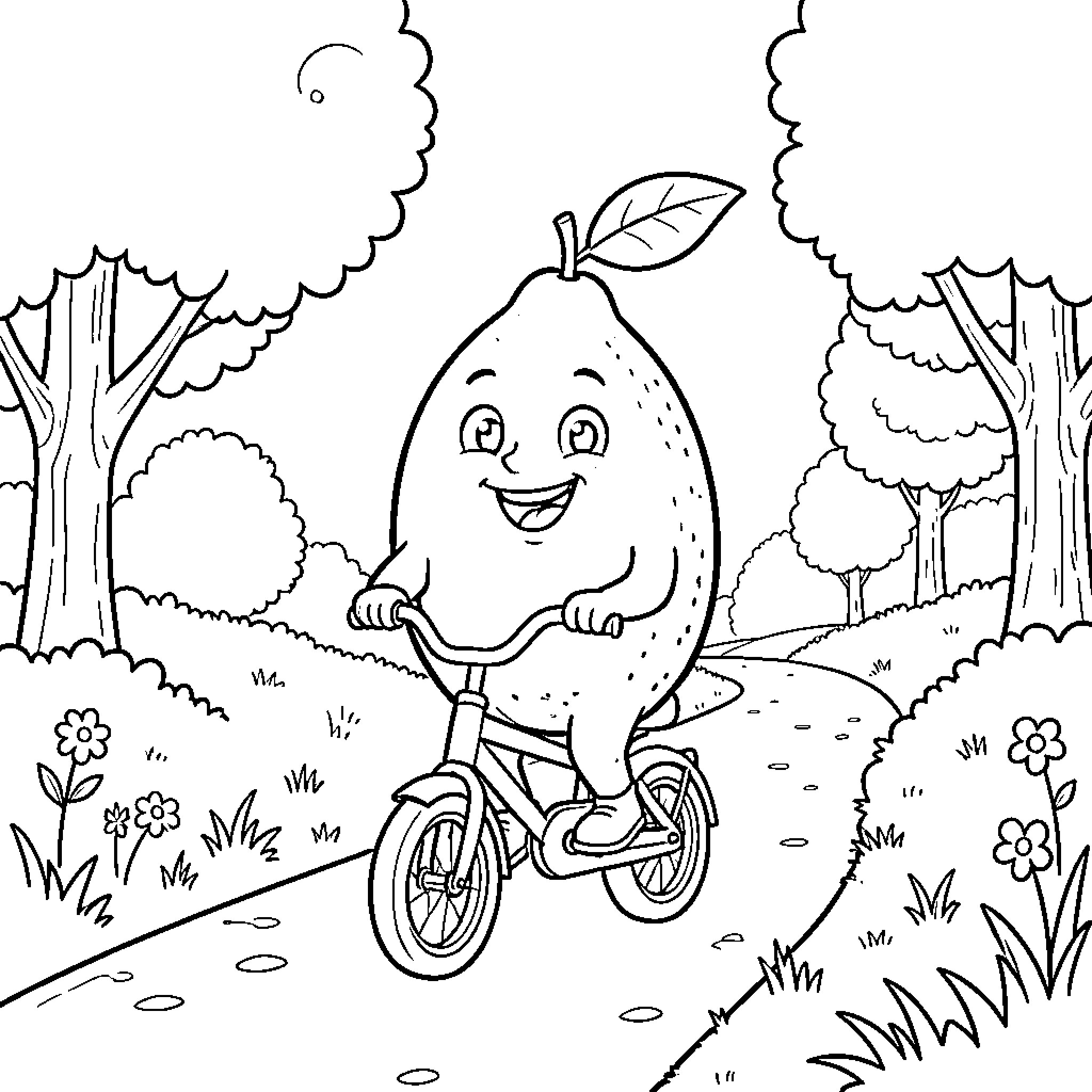 Lemon character riding a bicycle in a forest Coloring Page (free black-and-white line drawing printable PDF for all, from beginners to advanced learners, including children, teens, adults, and seniors)