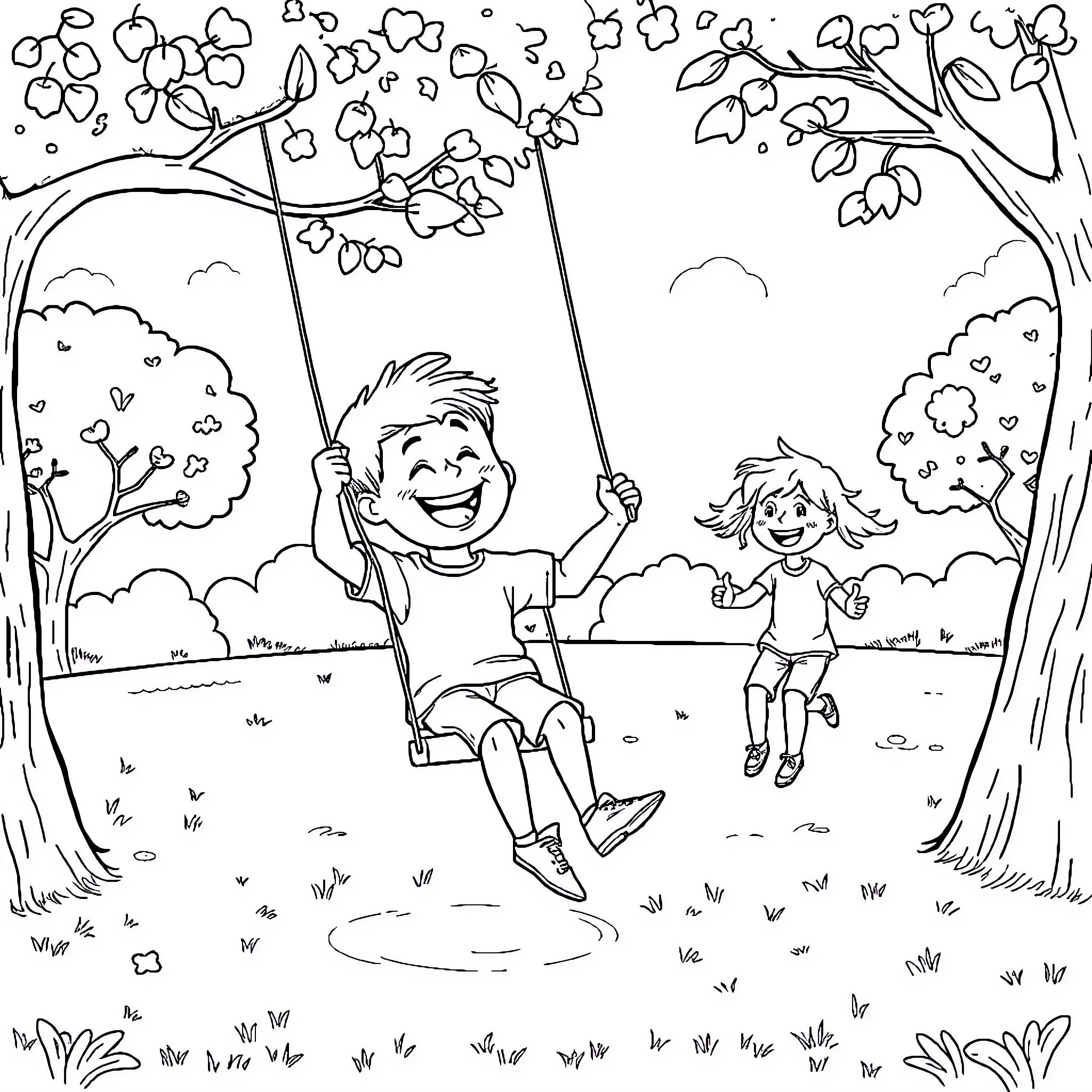 Boy and girl playing on swings in park Coloring Page (free black-and-white line drawing printable PDF for all, from beginners to advanced learners, including children, teens, adults, and seniors)