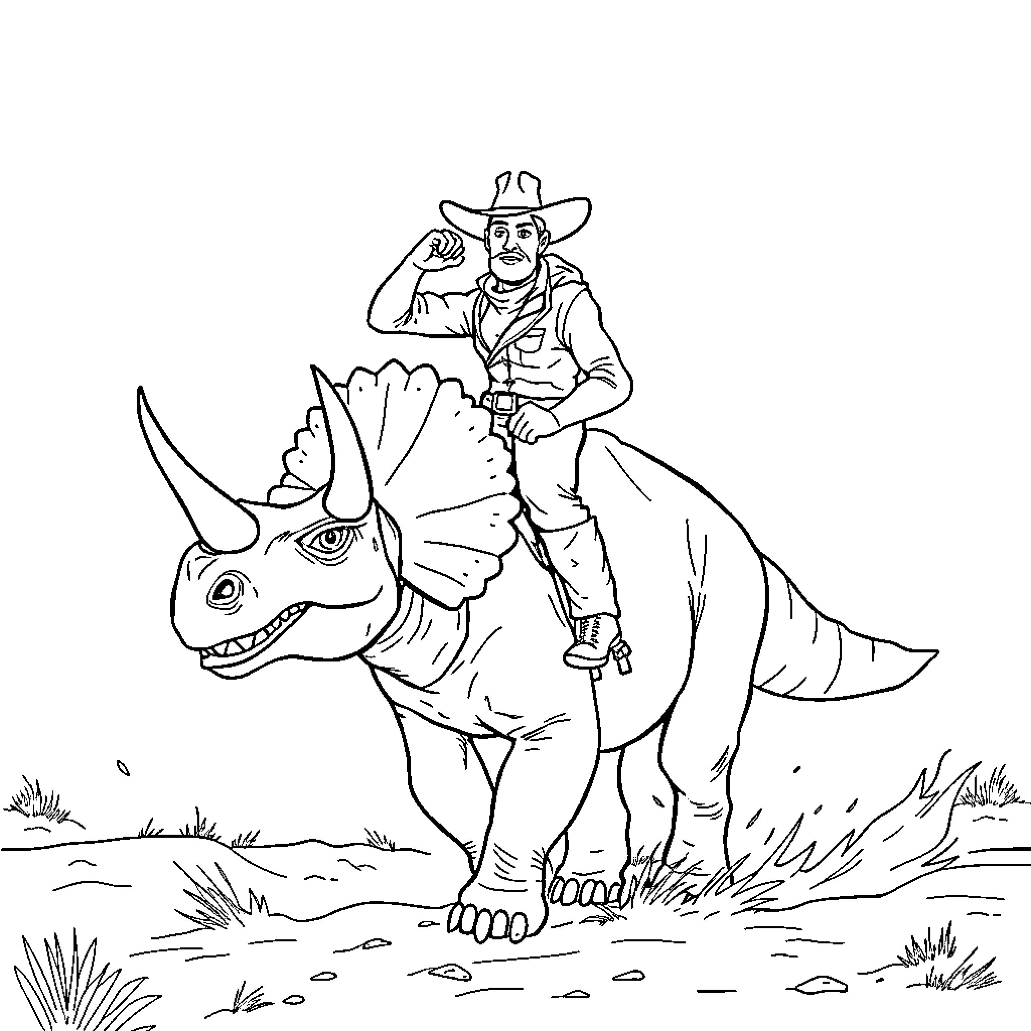 Cowboy riding a triceratops in the wild Coloring Page (free black-and-white line drawing printable PDF for all, from beginners to advanced learners, including children, teens, adults, and seniors)