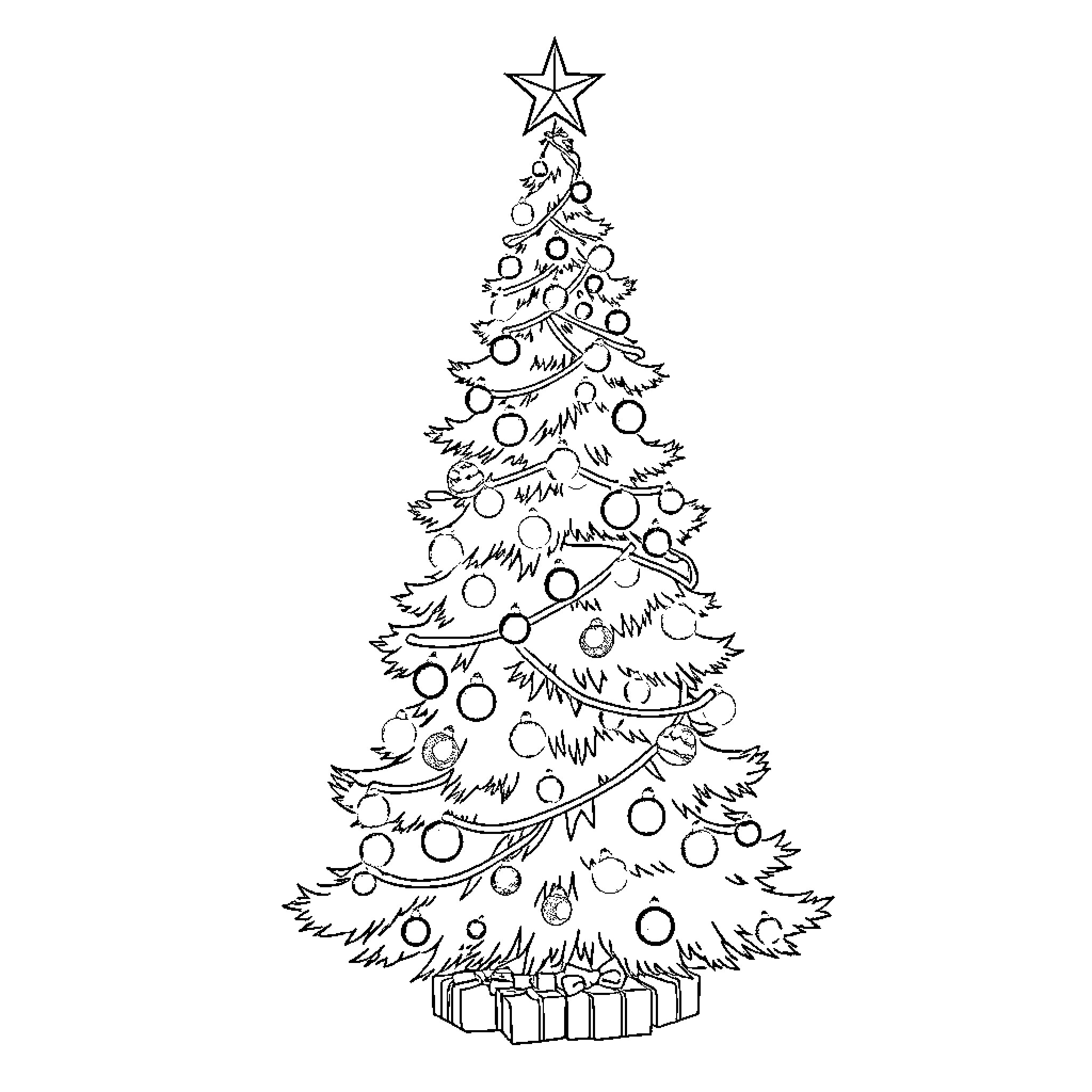Christmas Tree with Decorated Ornaments and Gifts Coloring Page (free black-and-white line drawing printable PDF for all, from beginners to advanced learners, including children, teens, adults, and seniors)