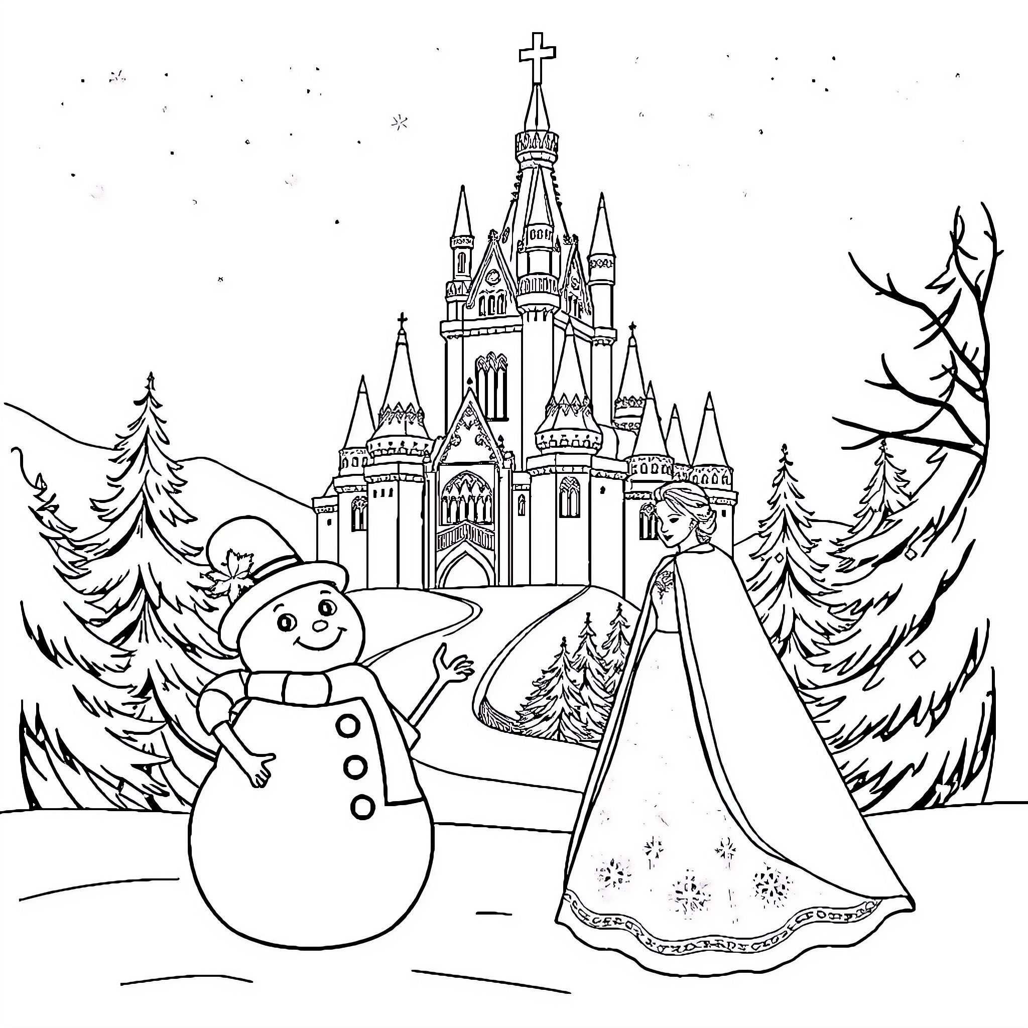 Snow Queen and Snowman in Enchanted Winter Palace Coloring Page (free black-and-white line drawing printable PDF for all, from beginners to advanced learners, including children, teens, adults, and seniors)