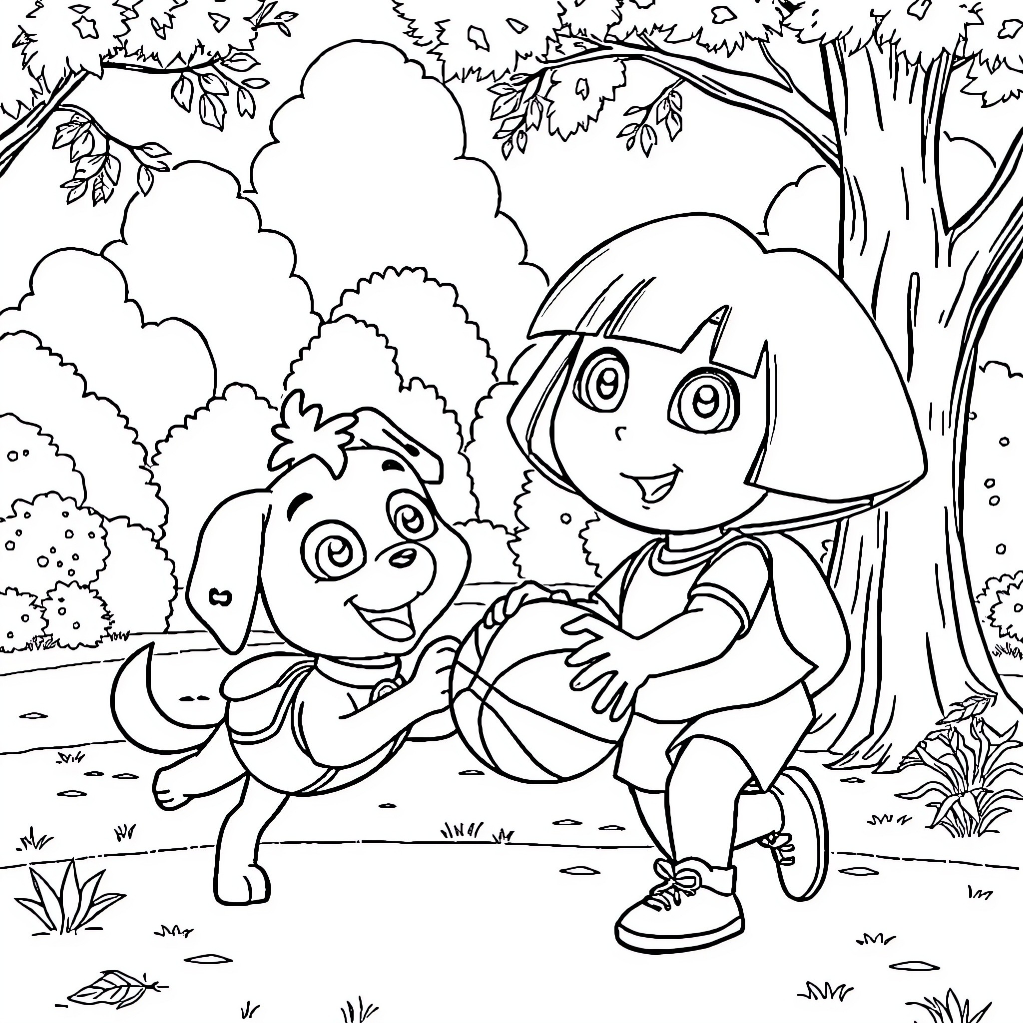 Dora and Boots playing in the forest Coloring Page (free black-and-white line drawing printable PDF for all, from beginners to advanced learners, including children, teens, adults, and seniors)