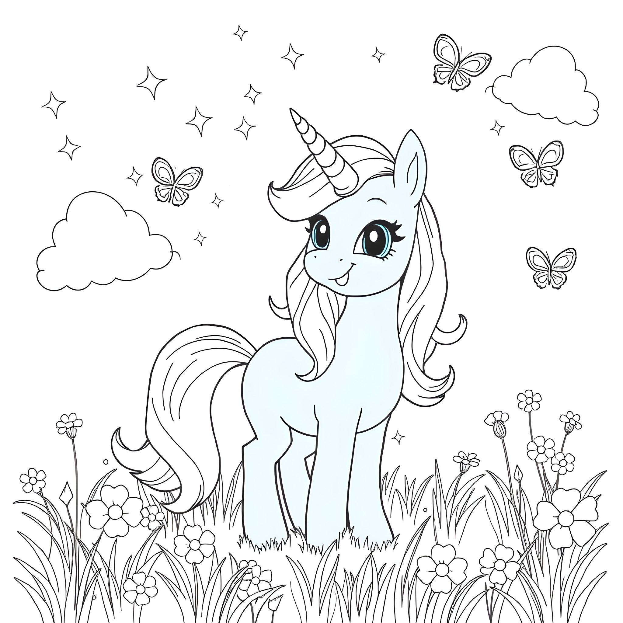 Bluey the Unicorn in a Magical Meadow Coloring Page (free black-and-white line drawing printable PDF for all, from beginners to advanced learners, including children, teens, adults, and seniors)