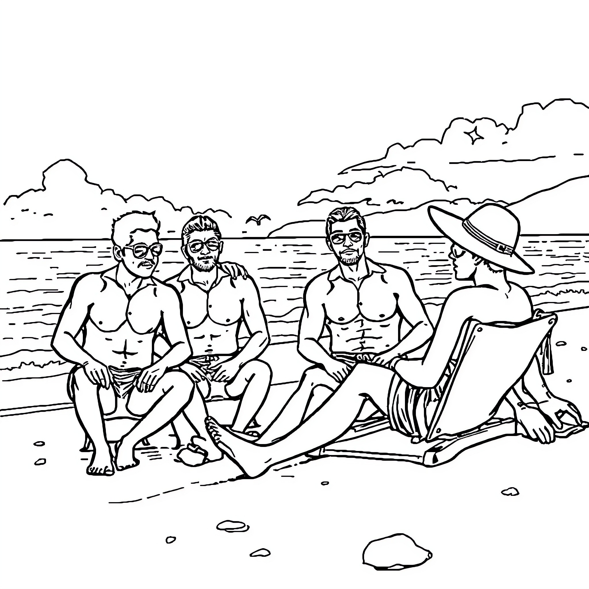 Avengers Relaxing at the Beach Coloring Page (free black-and-white line drawing printable PDF for all, from beginners to advanced learners, including children, teens, adults, and seniors)