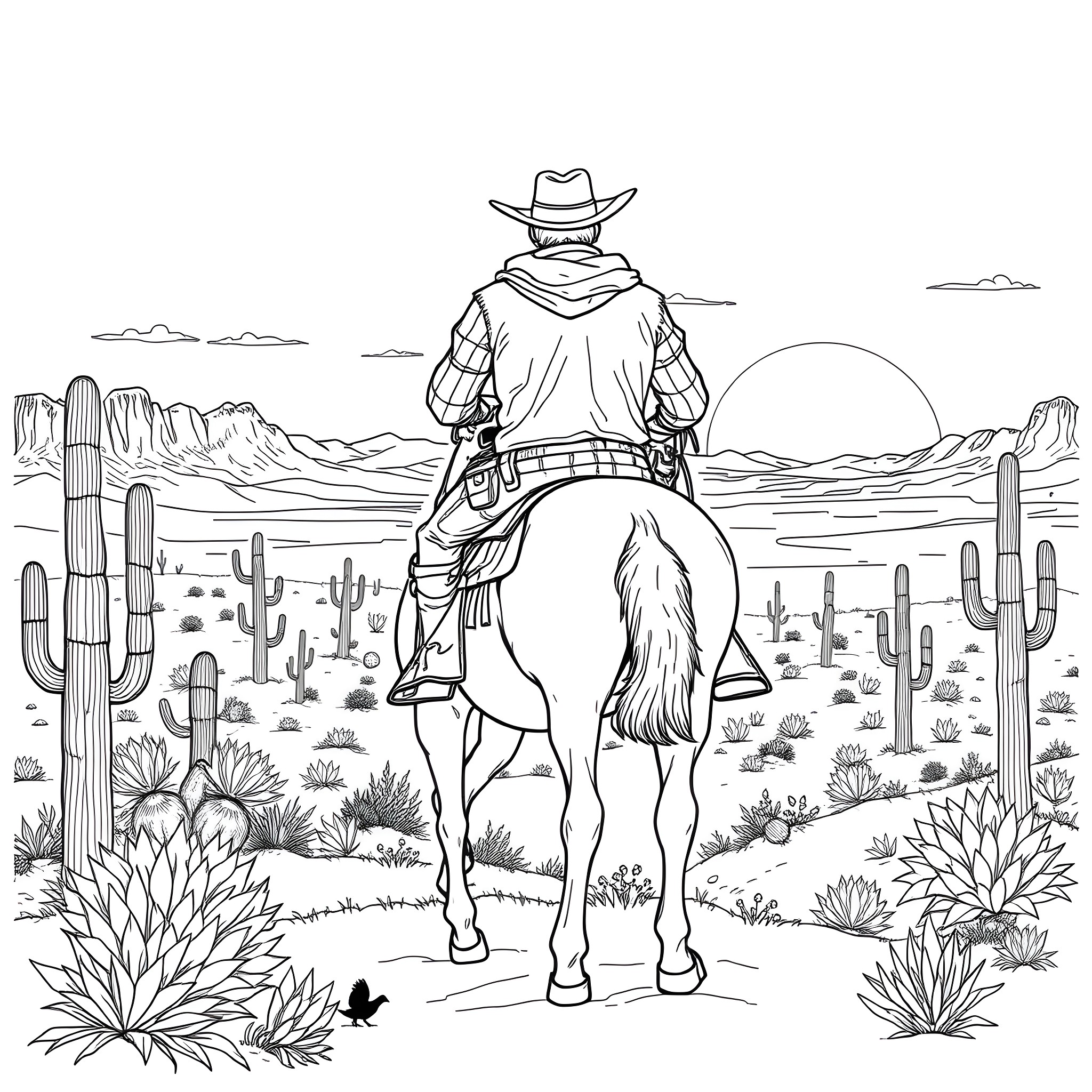 Cowboy riding horse in desert landscape Coloring Page (free black-and-white line drawing printable PDF for all, from beginners to advanced learners, including children, teens, adults, and seniors)