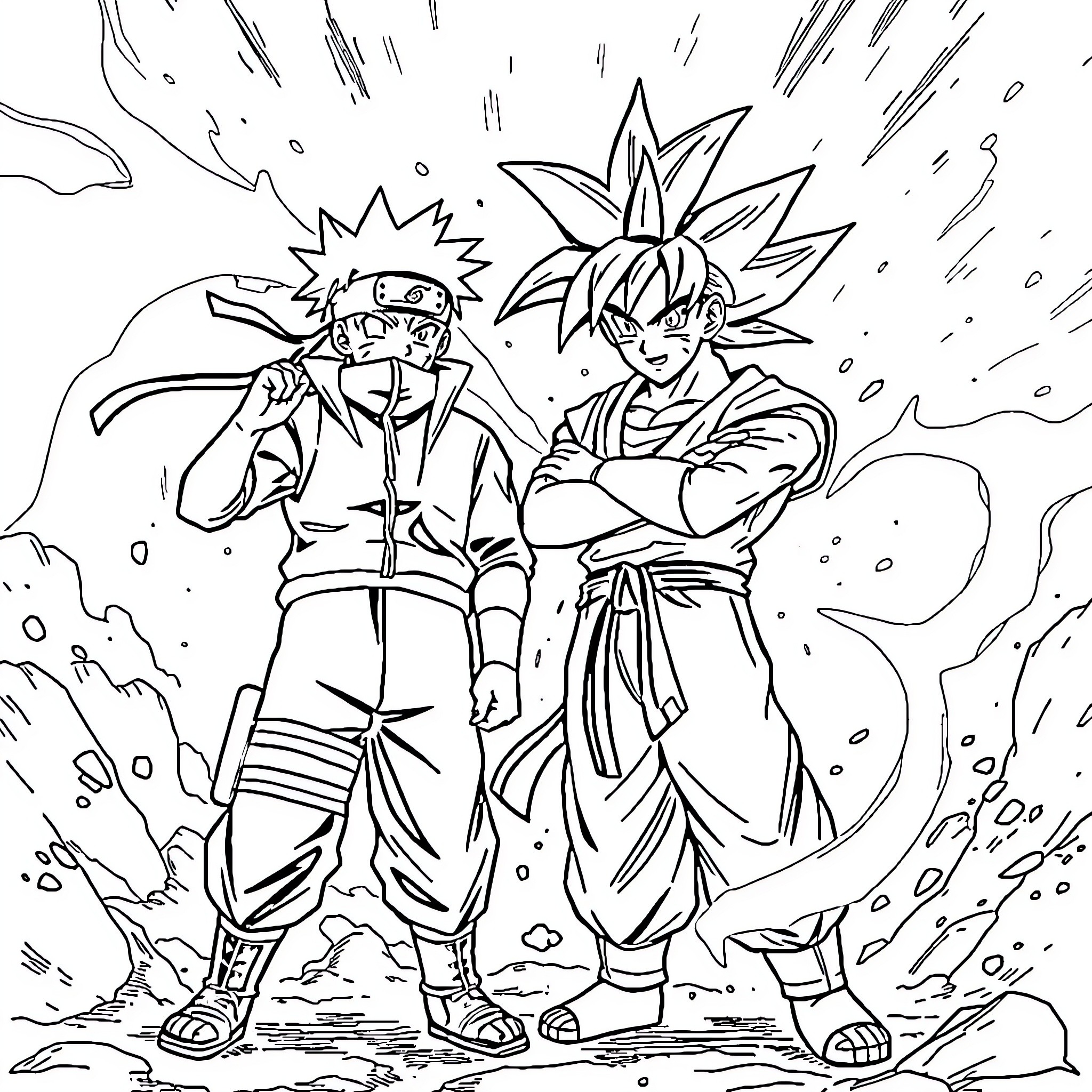 Naruto and Goku in an intense battle Coloring Page (free black-and-white line drawing printable PDF for all, from beginners to advanced learners, including children, teens, adults, and seniors)