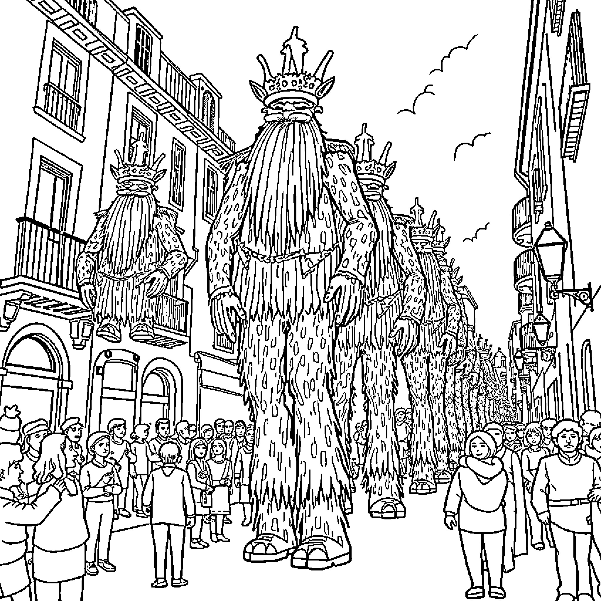 Giant Parade Figures Marching Through Crowded Street Coloring Page (free black-and-white line drawing printable PDF for all, from beginners to advanced learners, including children, teens, adults, and seniors)