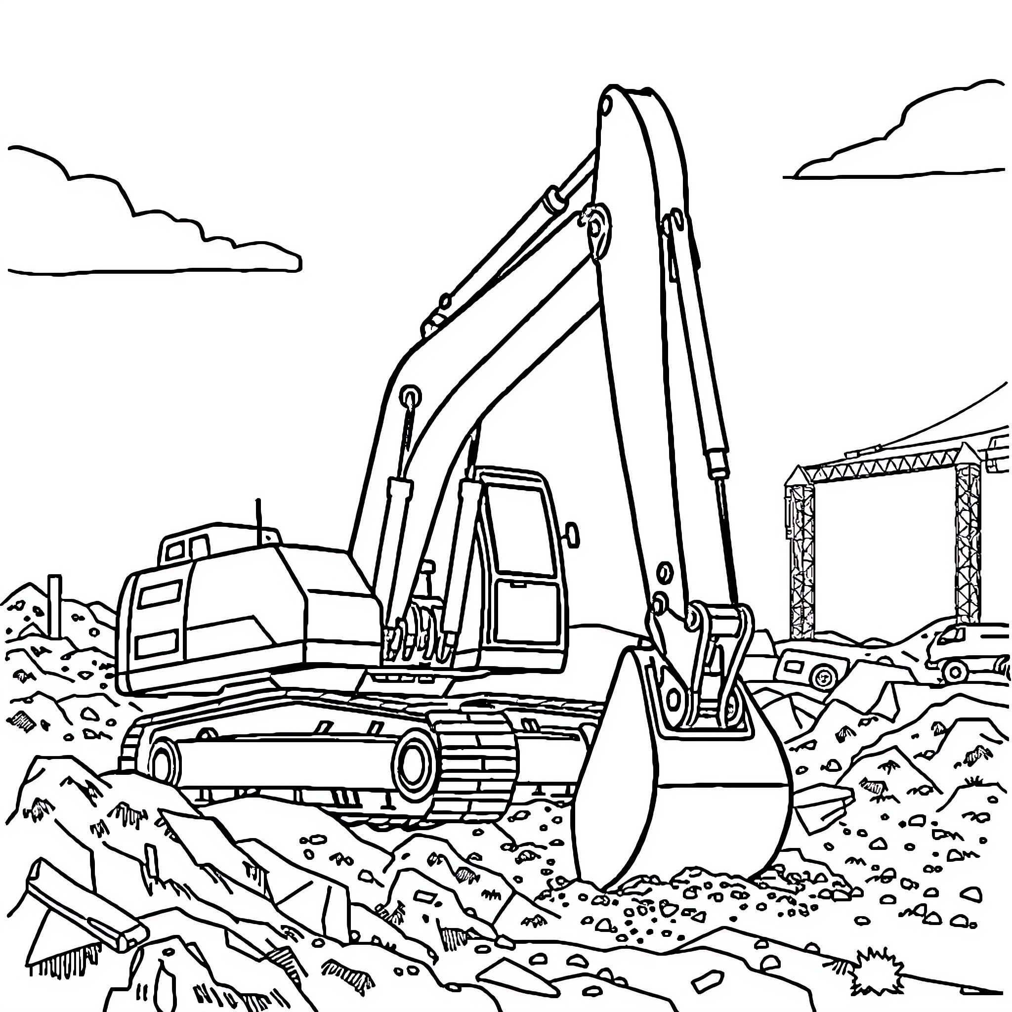 Excavator working on construction site Coloring Page (free black-and-white line drawing printable PDF for all, from beginners to advanced learners, including children, teens, adults, and seniors)