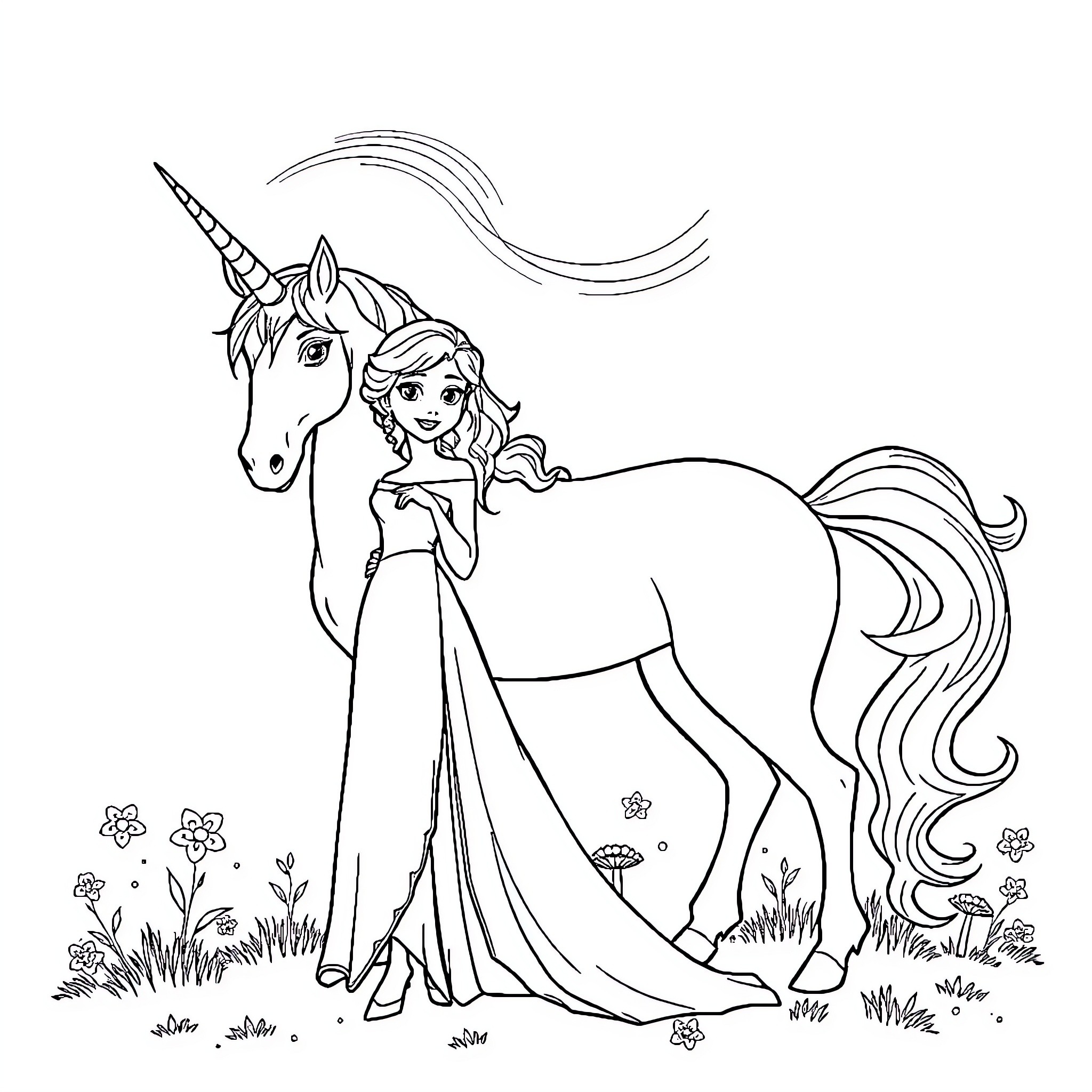 Princess and her magical unicorn in enchanting meadow Coloring Page (free black-and-white line drawing printable PDF for all, from beginners to advanced learners, including children, teens, adults, and seniors)