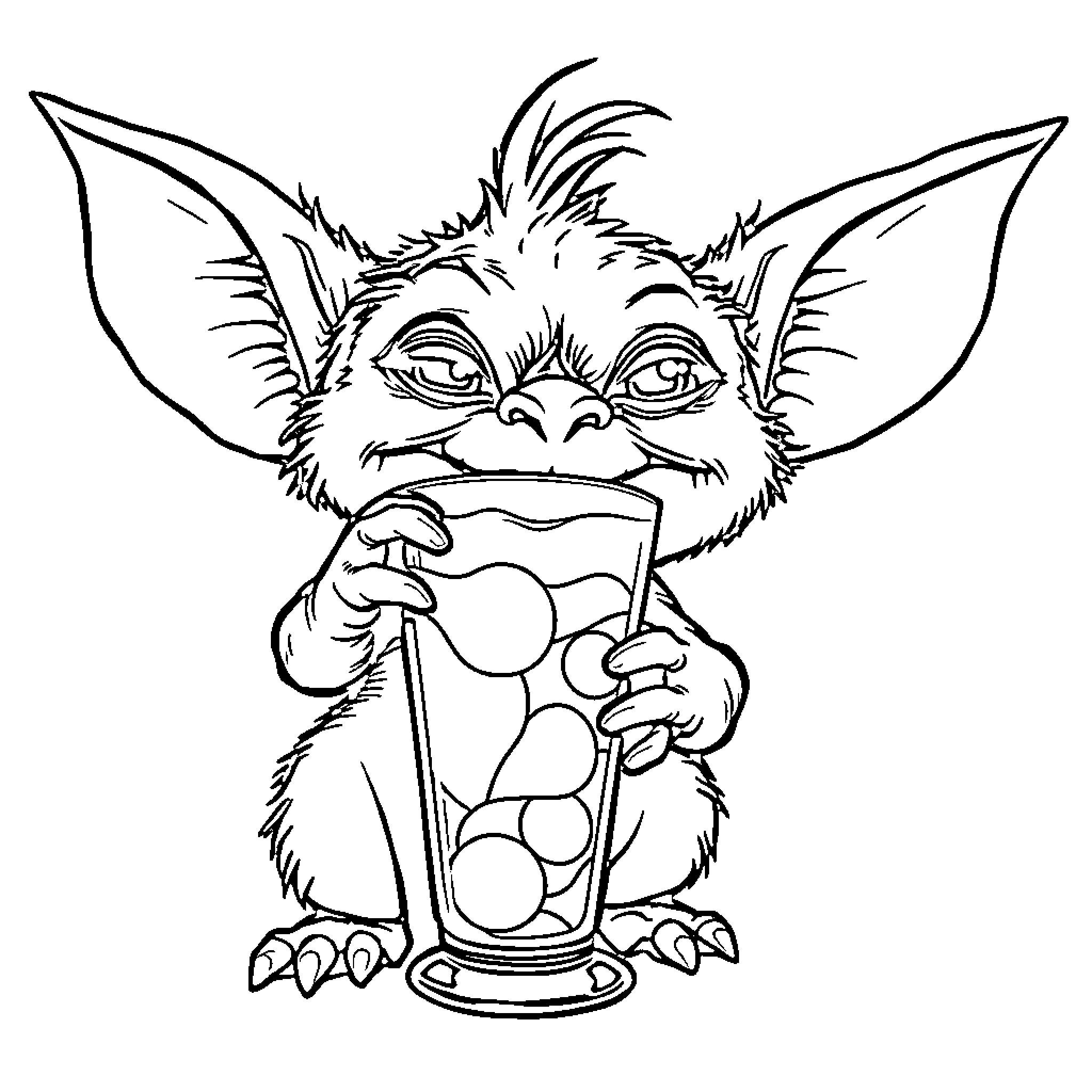 Gizmo drinking from a glass Coloring Page (free black-and-white line drawing printable PDF for all, from beginners to advanced learners, including children, teens, adults, and seniors)