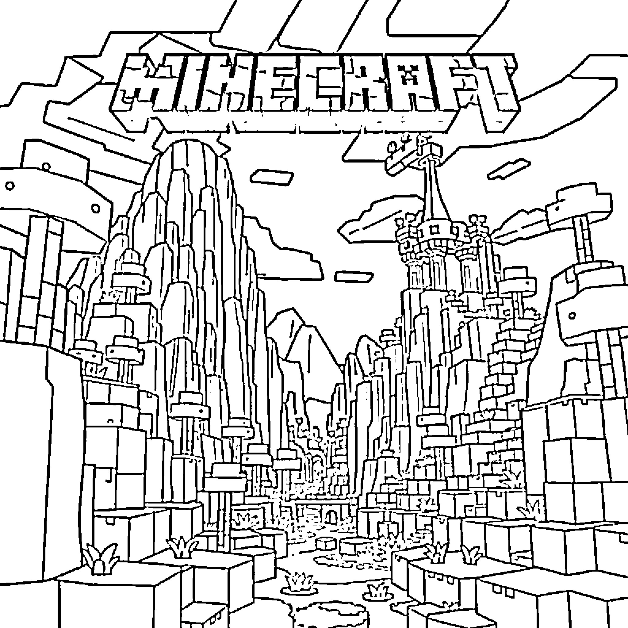 Minecraft Fantastical Cityscape Exploration Coloring Page (free black-and-white line drawing printable PDF for all, from beginners to advanced learners, including children, teens, adults, and seniors)