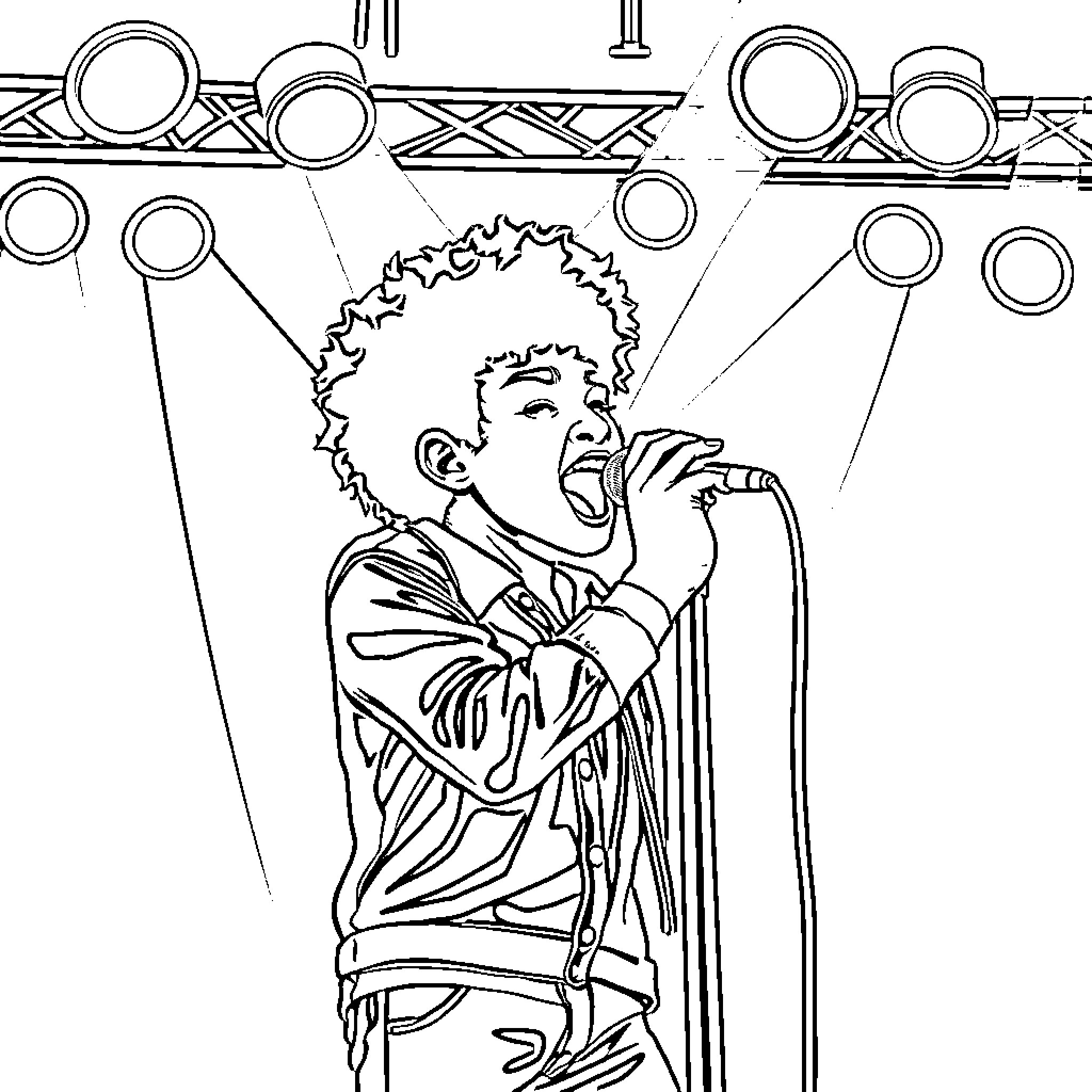The Kid Laroi Performing on Stage Coloring Page (free black-and-white line drawing printable PDF for all, from beginners to advanced learners, including children, teens, adults, and seniors)