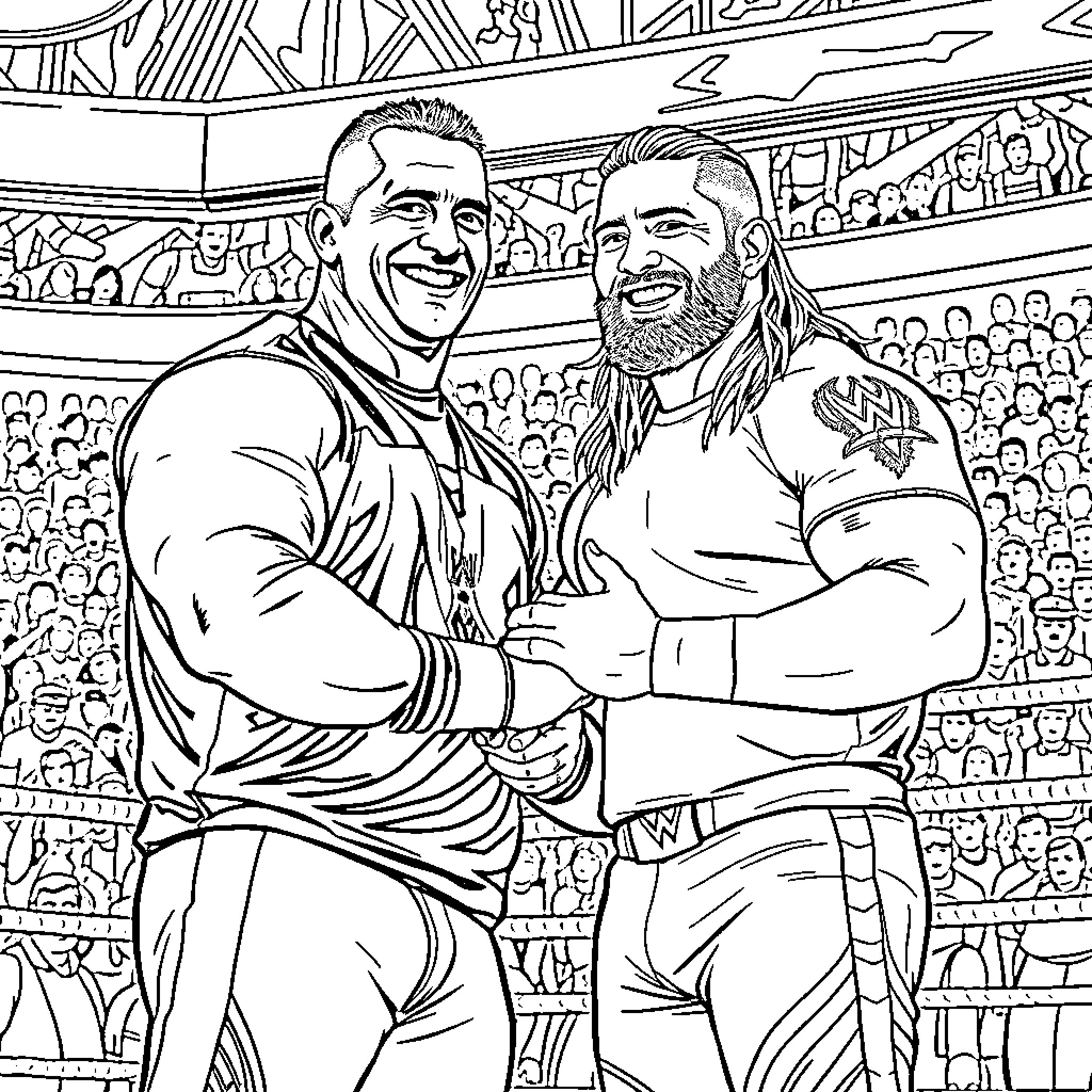 John Cena and his wrestling rival shaking hands in the ring Coloring Page (free black-and-white line drawing printable PDF for all, from beginners to advanced learners, including children, teens, adults, and seniors)