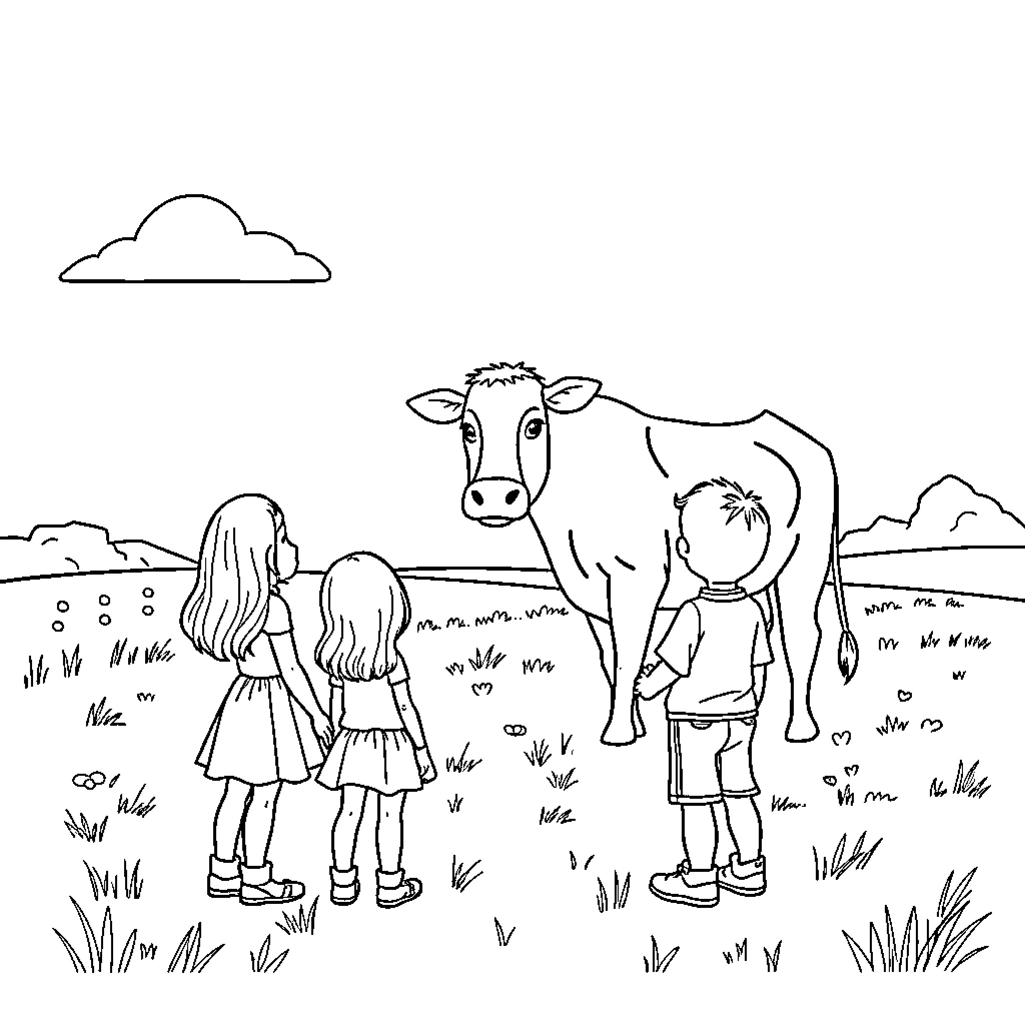 Cow and children in pastoral scene Coloring Page (free black-and-white line drawing printable PDF for all, from beginners to advanced learners, including children, teens, adults, and seniors)