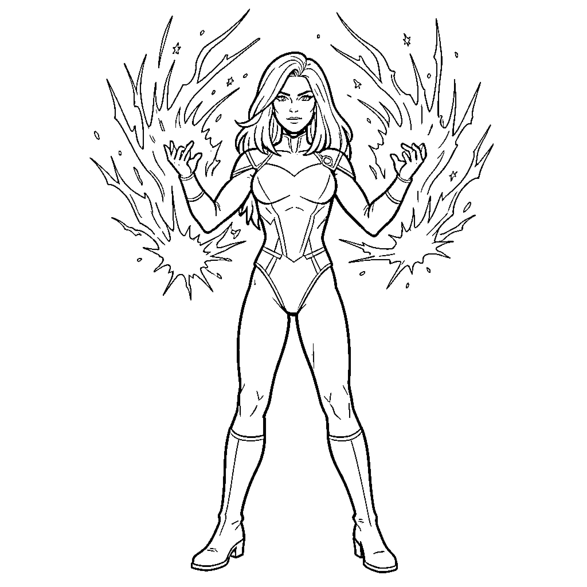 Jean Grey using psychic powers with a serious expression Coloring Page (free black-and-white line drawing printable PDF for all, from beginners to advanced learners, including children, teens, adults, and seniors)